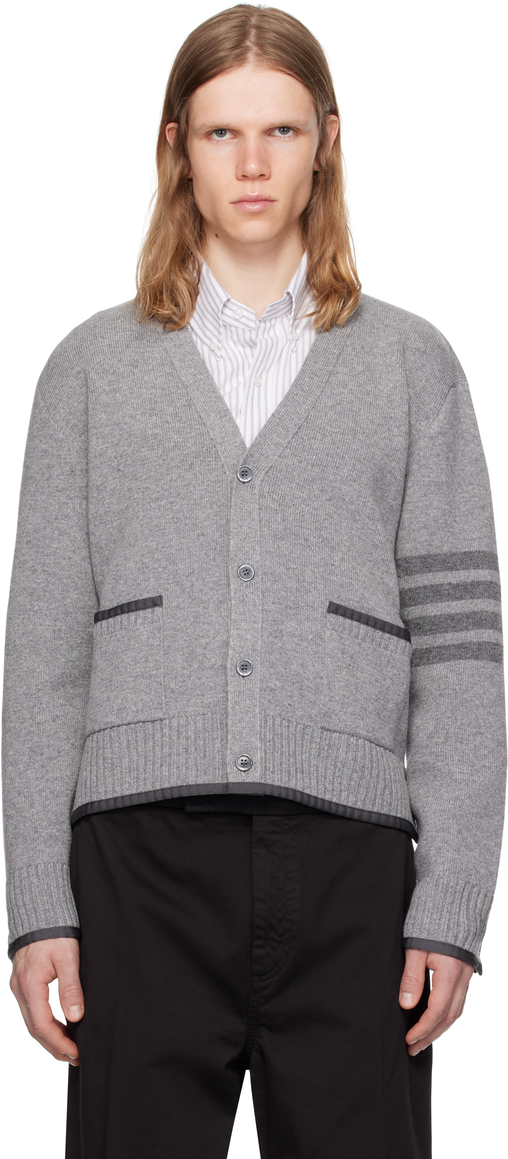 Thom Browne Grey Cardigan With V Neck And Striped Detail On The Sleeve In Wool Man In Gray