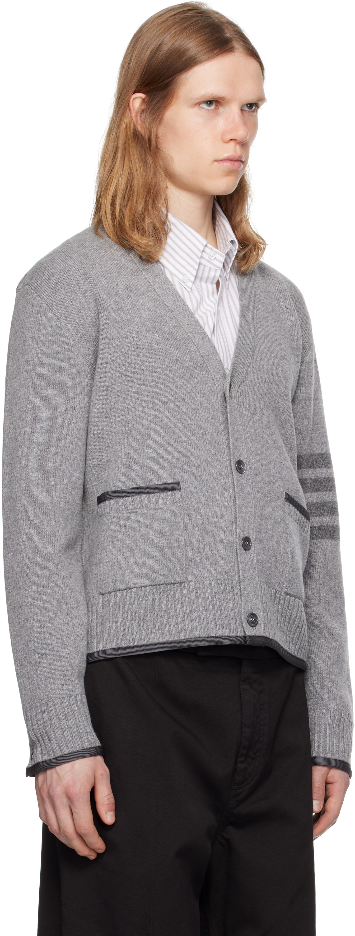 Thom Browne Grey Cardigan With V Neck And Striped Detail On The Sleeve In Wool Man In Gray