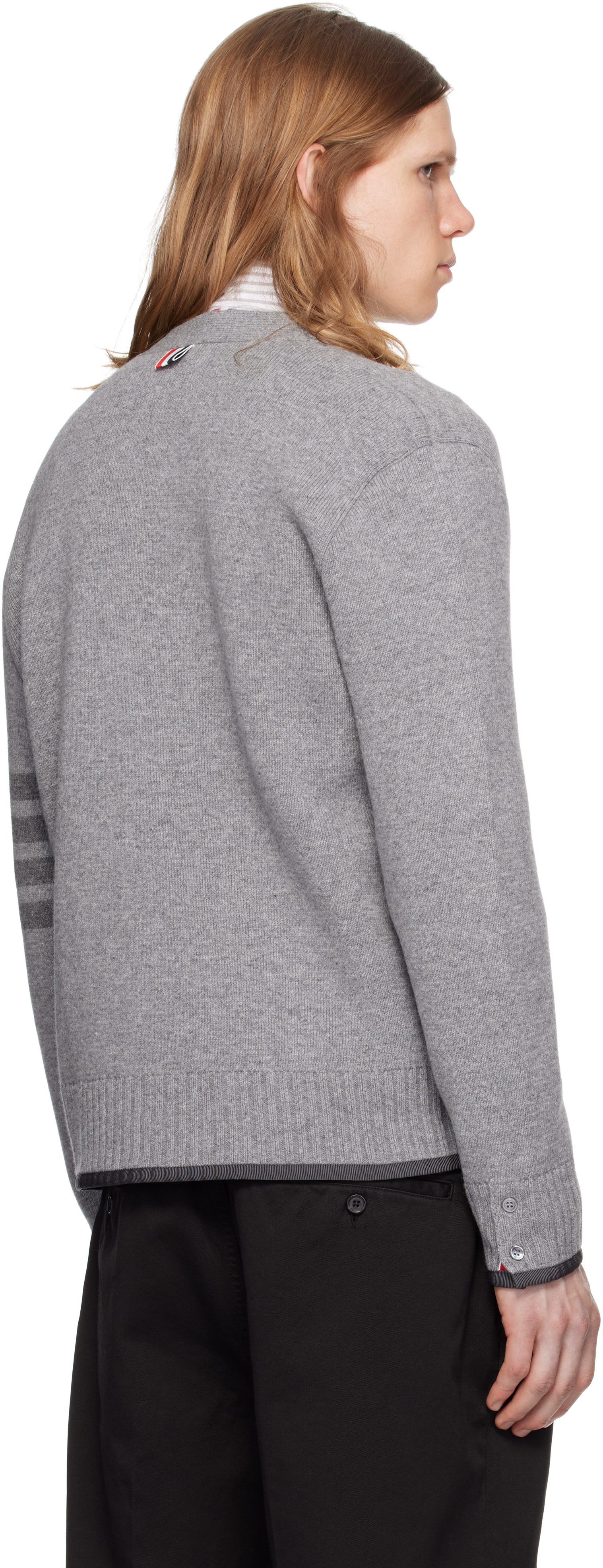 Thom Browne Grey Cardigan With V Neck And Striped Detail On The Sleeve In Wool Man In Gray