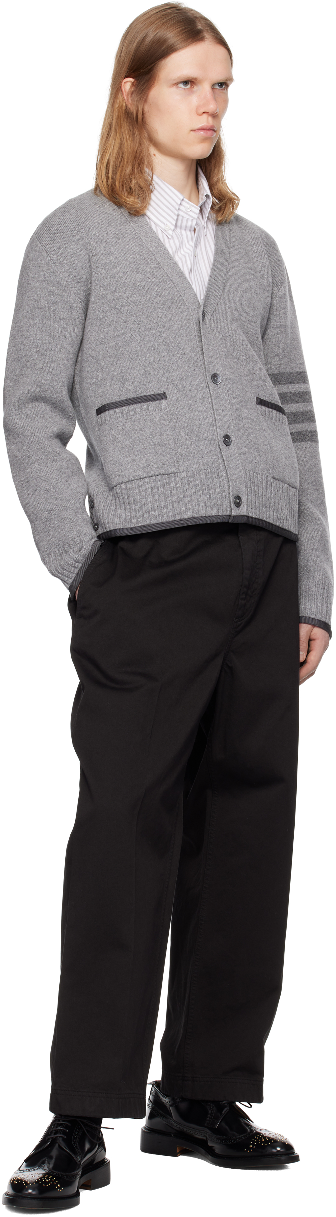 Thom Browne Grey Cardigan With V Neck And Striped Detail On The Sleeve In Wool Man In Gray