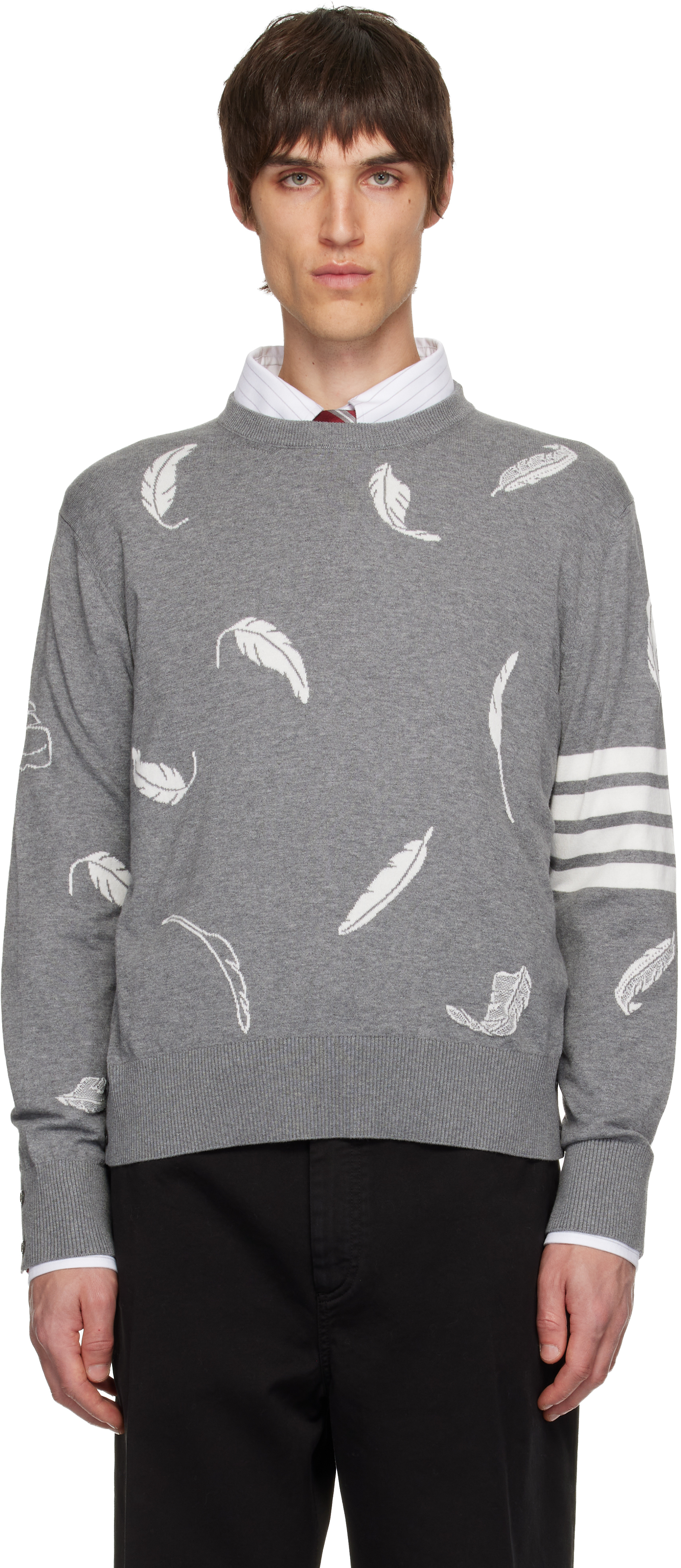 Thom Browne Gray Feather Intarsia Relaxed Fit Crew Neck Sweater In Gray