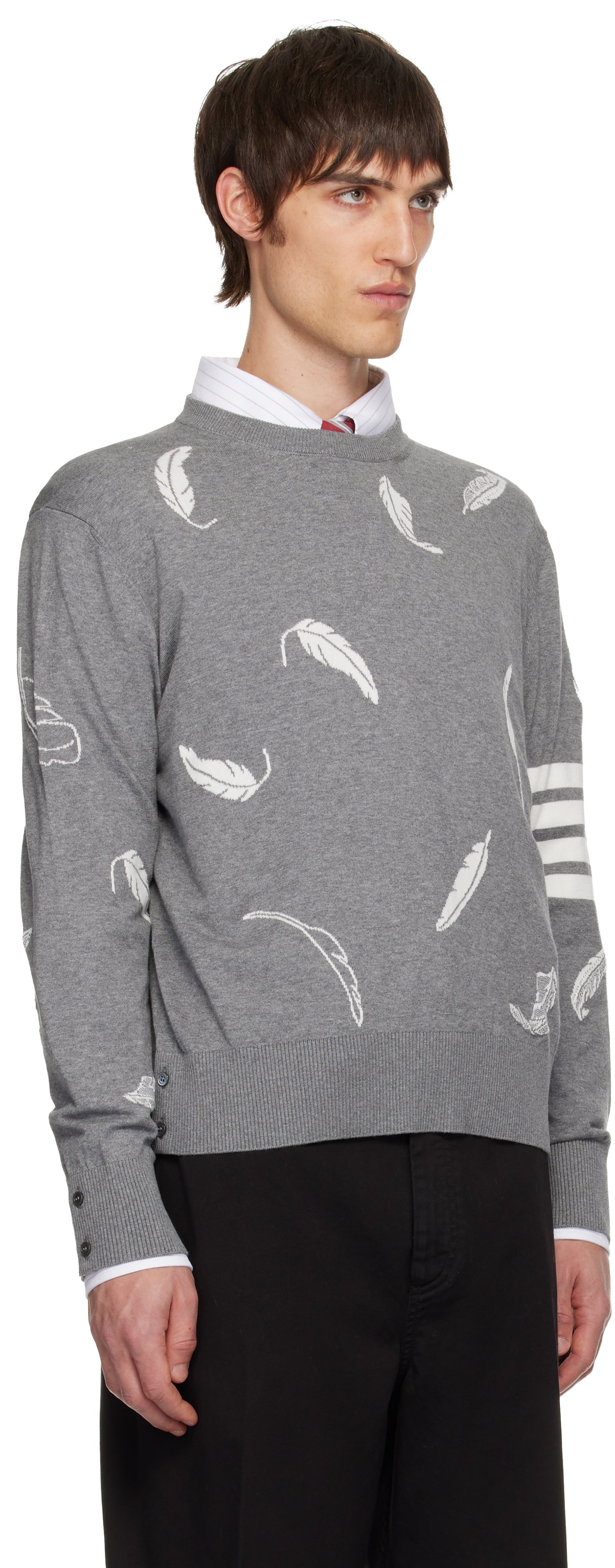 Thom Browne Gray Feather Intarsia Relaxed Fit Crew Neck Sweater In Gray