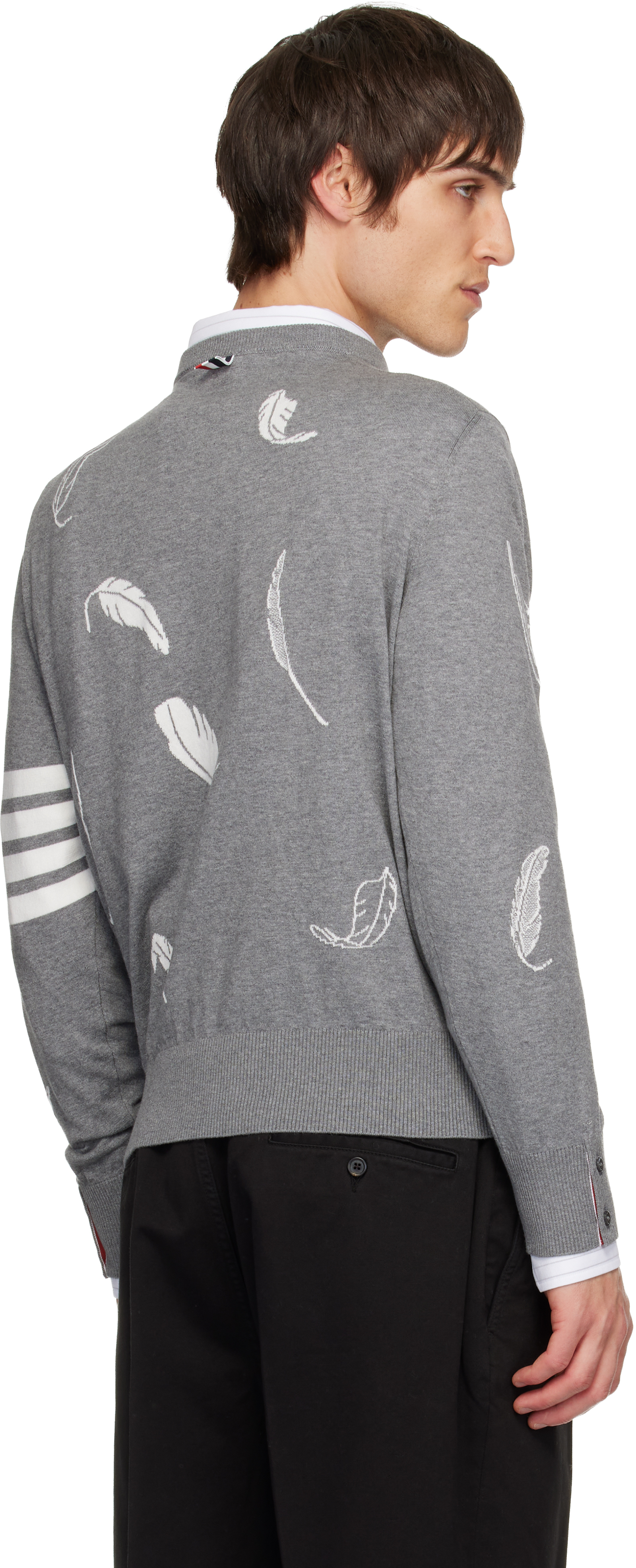 Thom Browne Gray Feather Intarsia Relaxed Fit Crew Neck Sweater In Gray