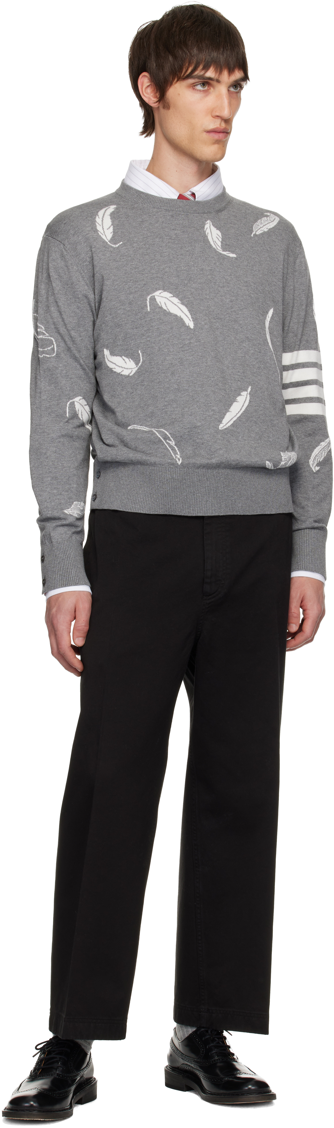 Thom Browne Gray Feather Intarsia Relaxed Fit Crew Neck Sweater In Gray