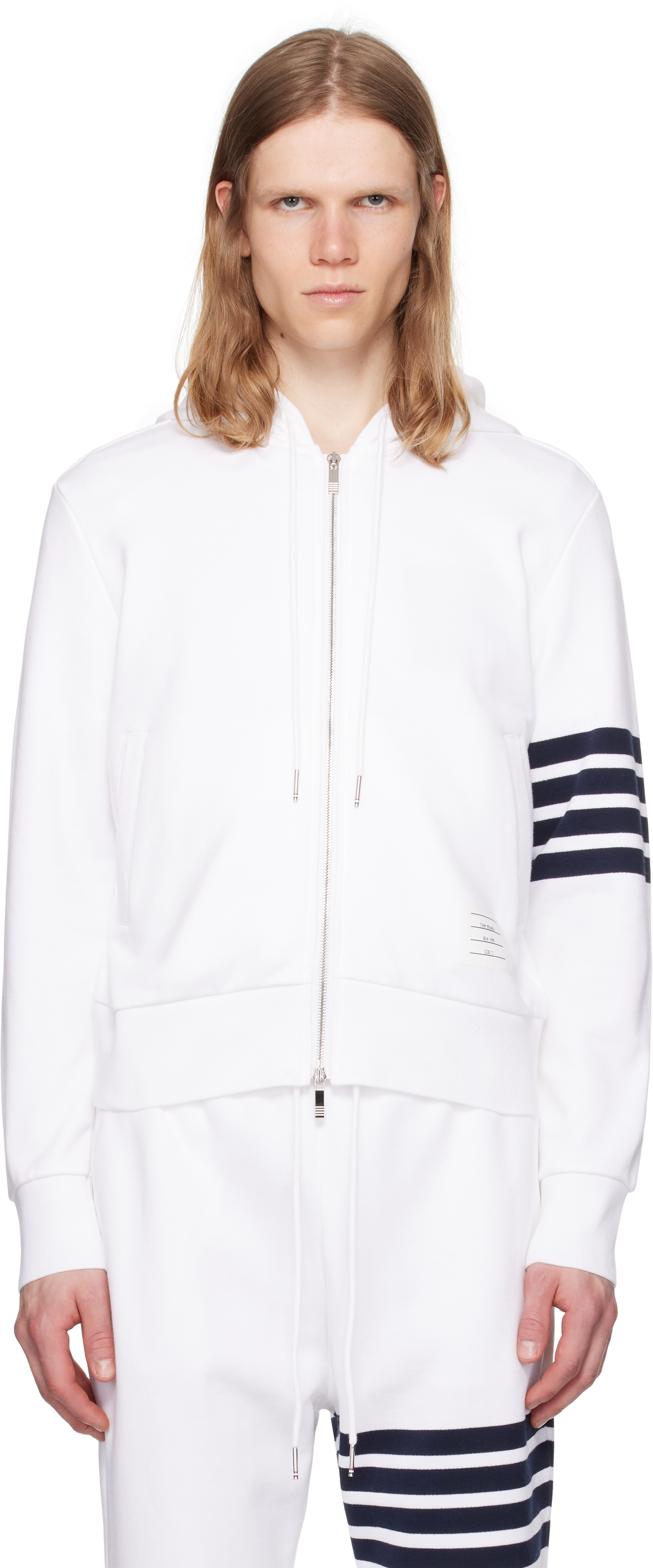 Thom Browne: White Classic Loopback 4-Bar Zip Up Hoodie | SSENSE