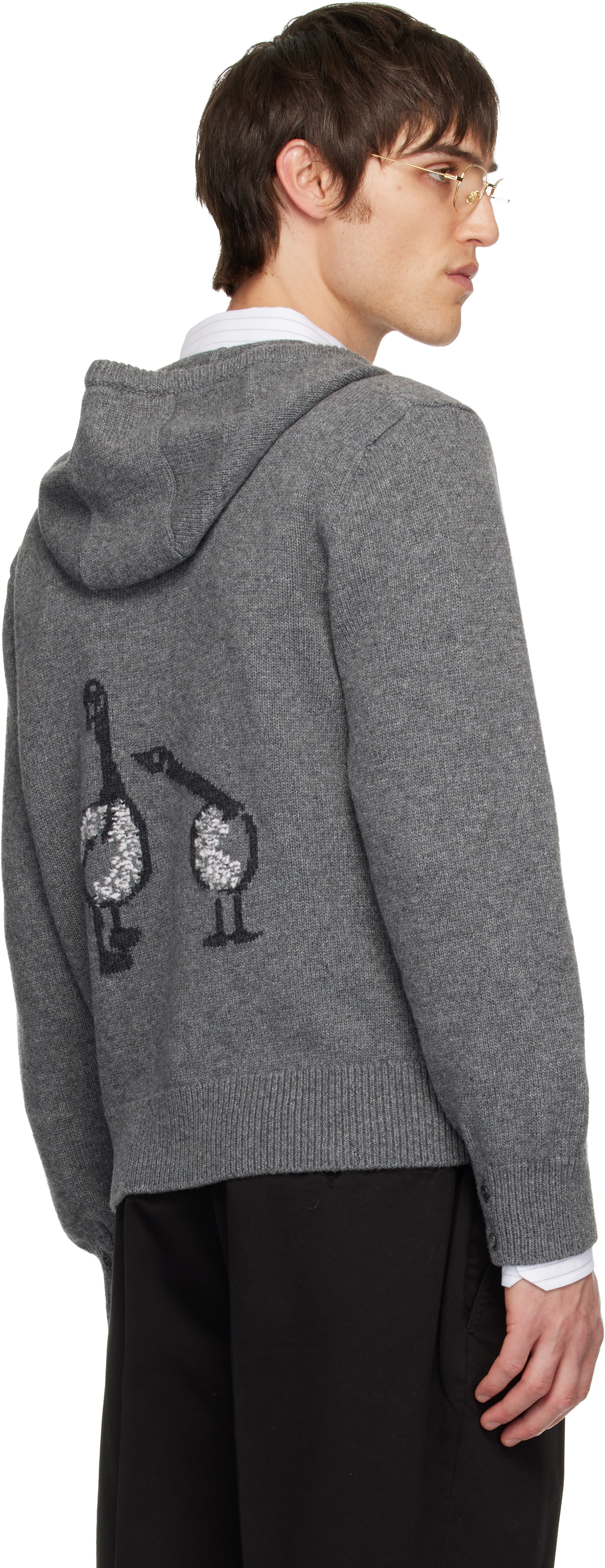 Thom Browne Gray Geese Intarsia Merino Wool Hoodie In Gray