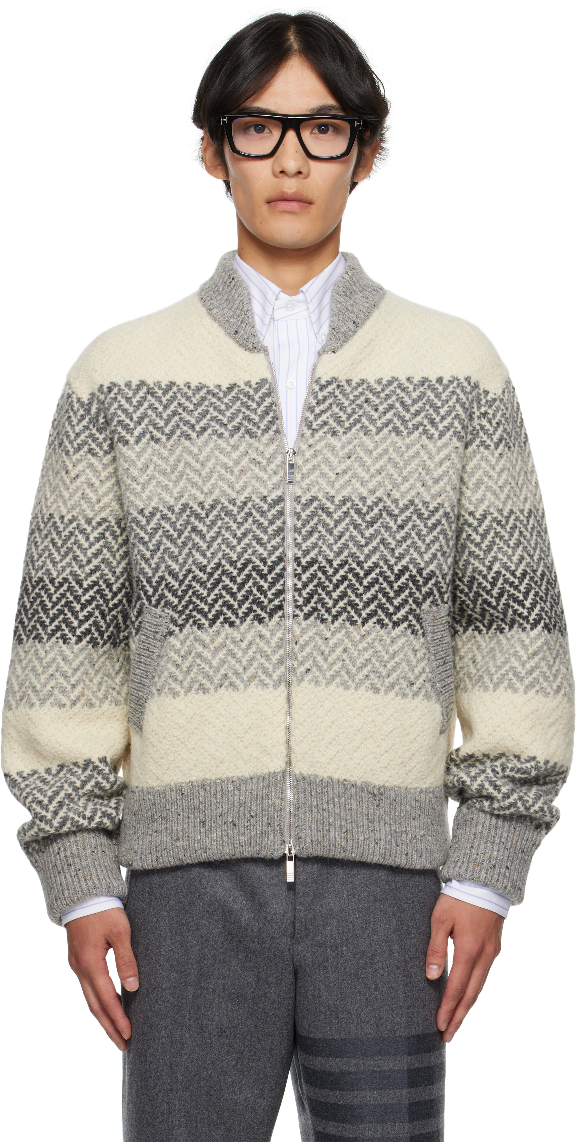 Gray & Off-White Striped Herringbone Zip-Up Sweater