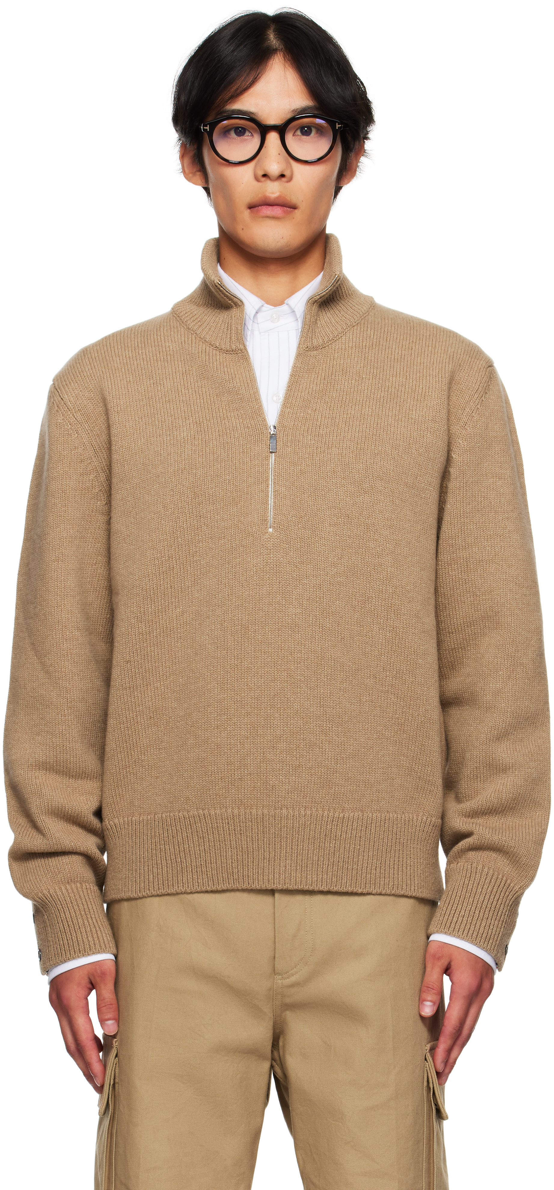 Beige Geese Intarsia Merino Wool Mock Neck Sweater