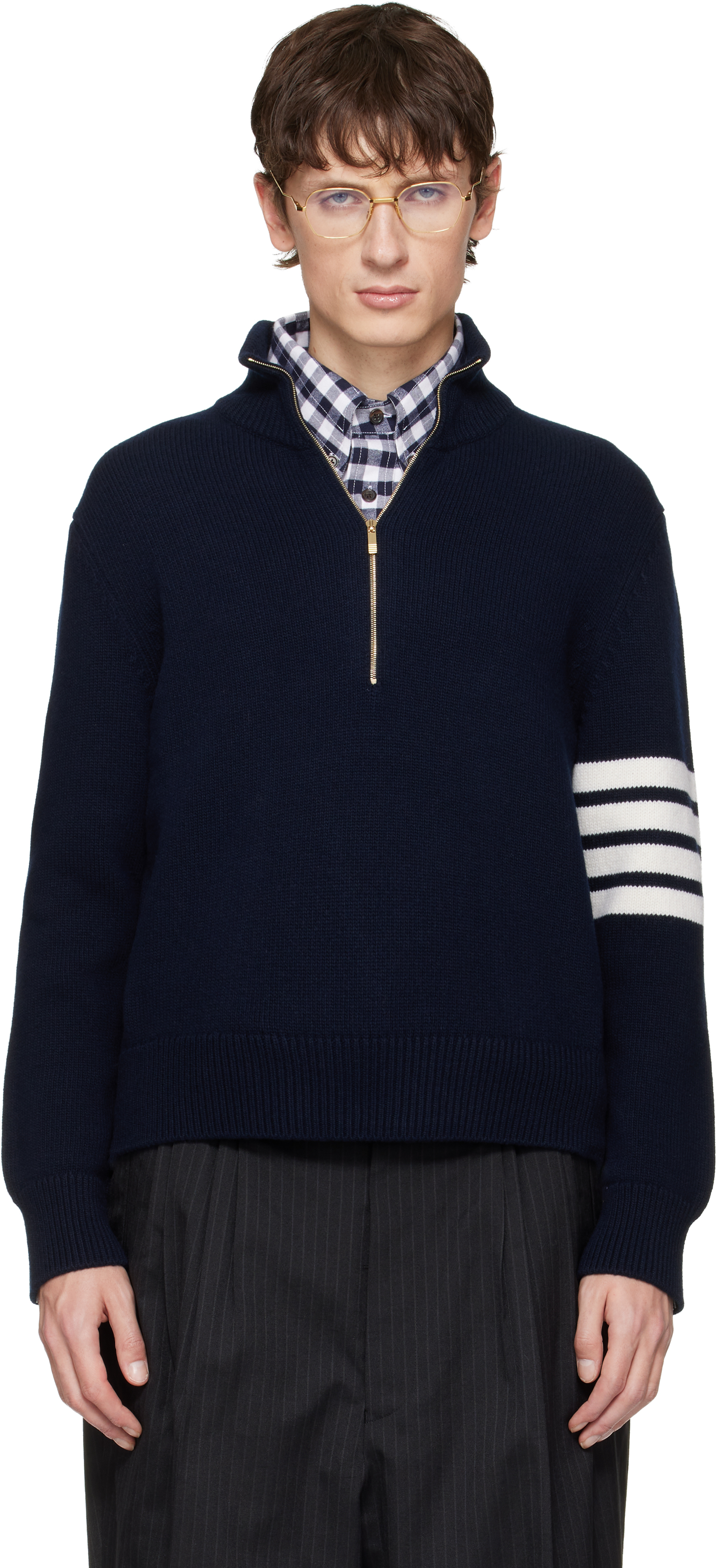 Thom Browne: Navy Merino Wool 4-Bar Funnel Neck Sweater | SSENSE