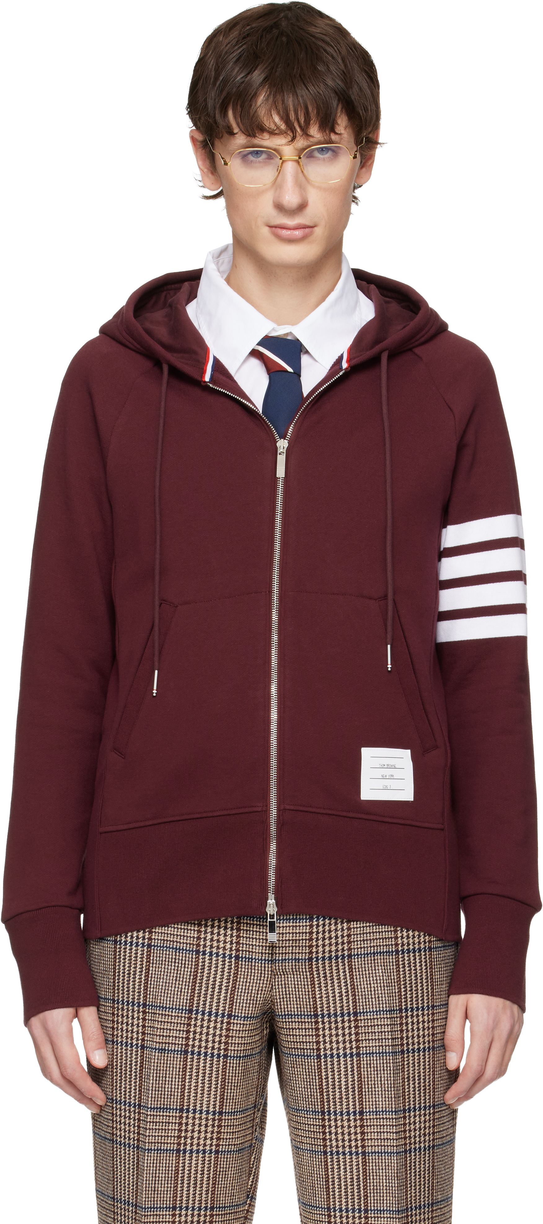 Thom Browne: Burgundy Classic Loopback 4-Bar Full Zip Hoodie | SSENSE