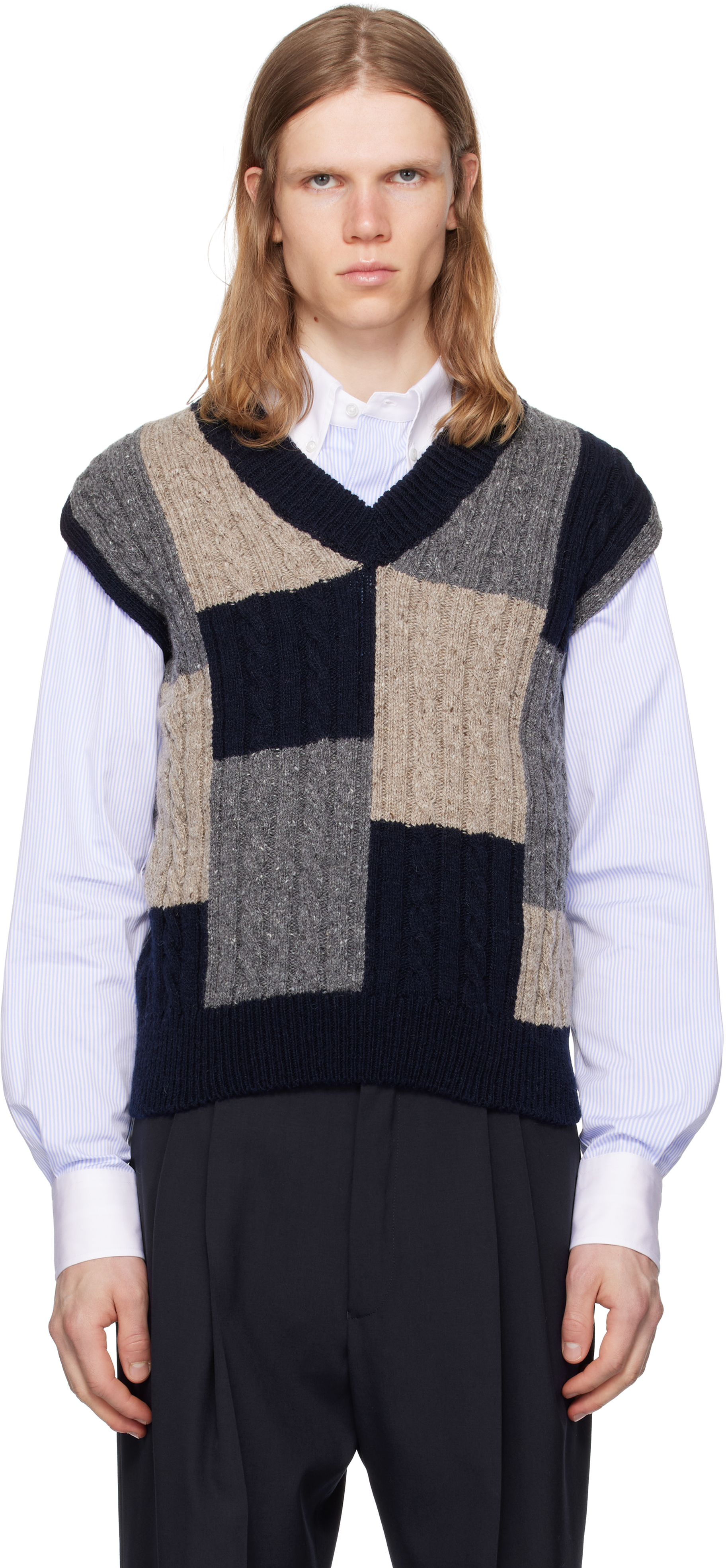 Thom Browne Multicolor Patchwork Baby Cable Intarsia V Neck Vest In Black