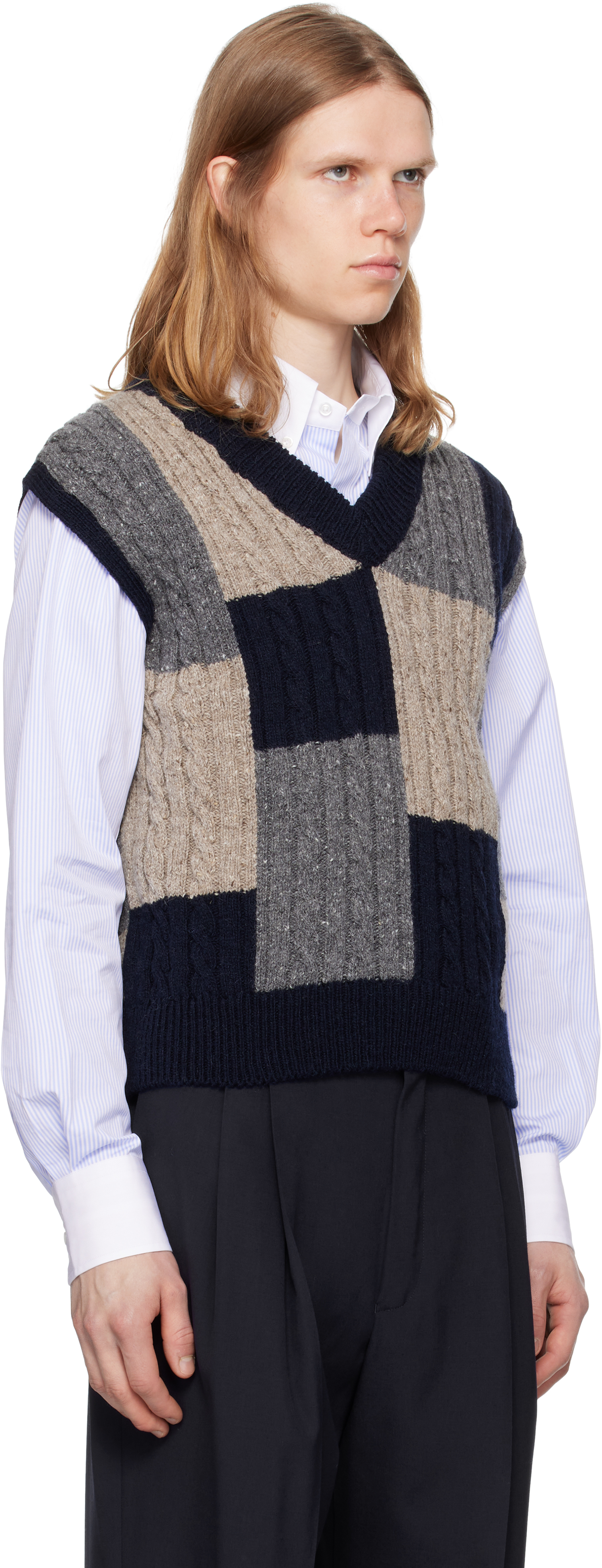 Thom Browne Multicolor Patchwork Baby Cable Intarsia V Neck Vest In Black