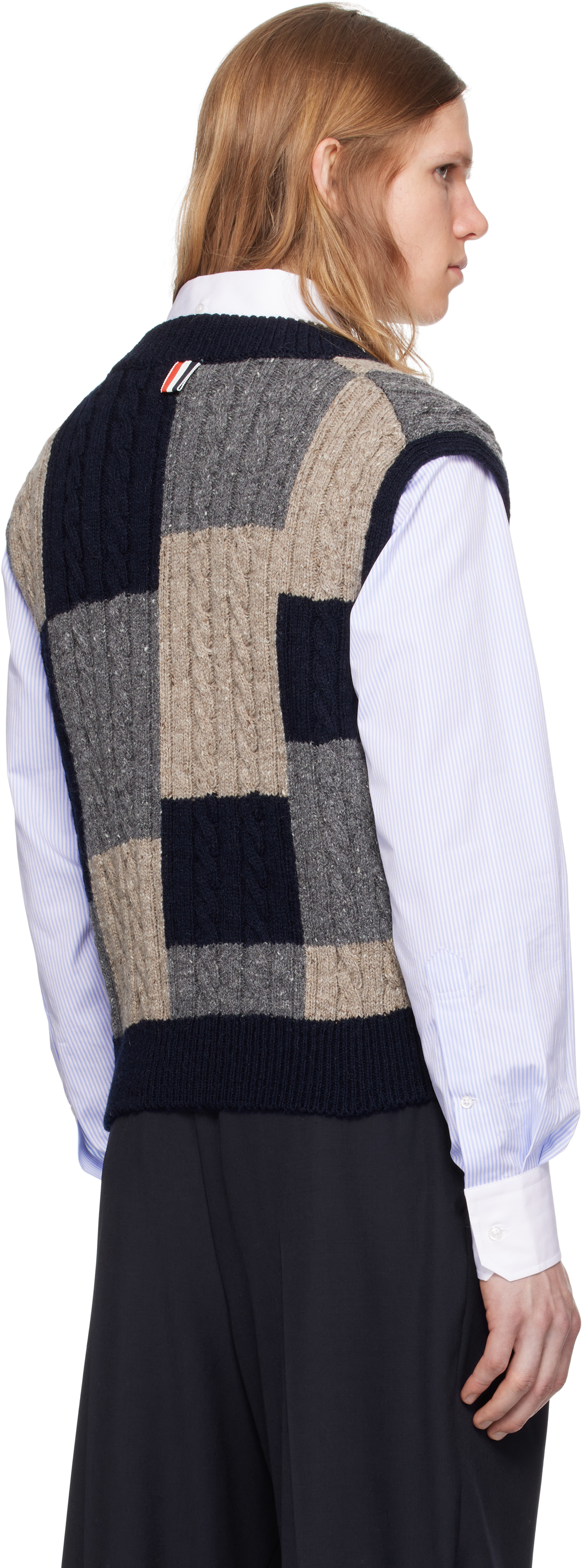 Thom Browne Multicolor Patchwork Baby Cable Intarsia V Neck Vest In Black