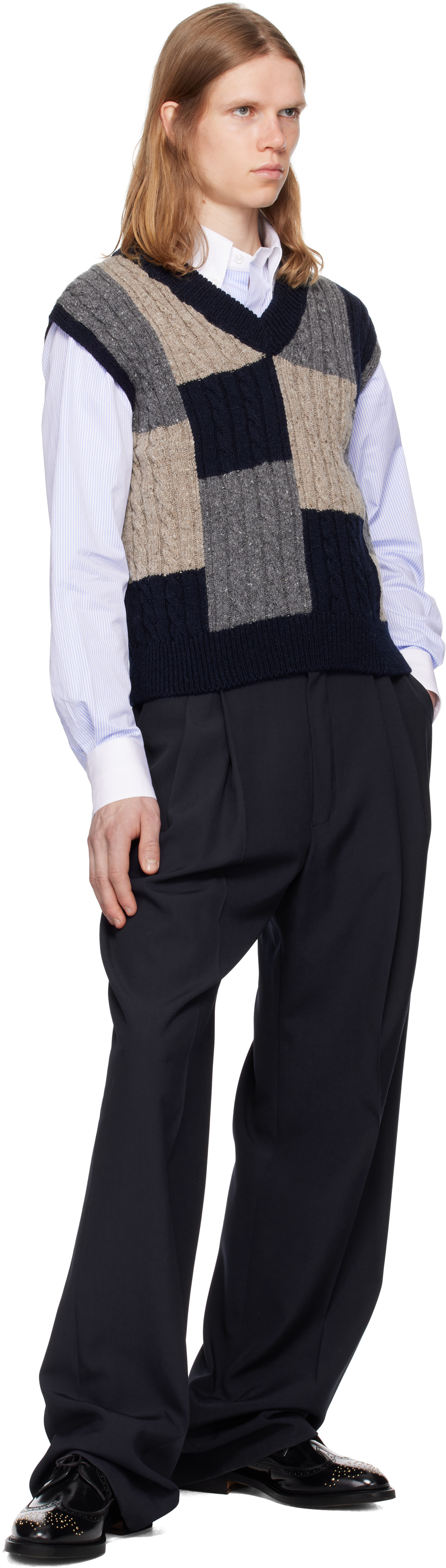 Thom Browne Multicolor Patchwork Baby Cable Intarsia V Neck Vest In Black