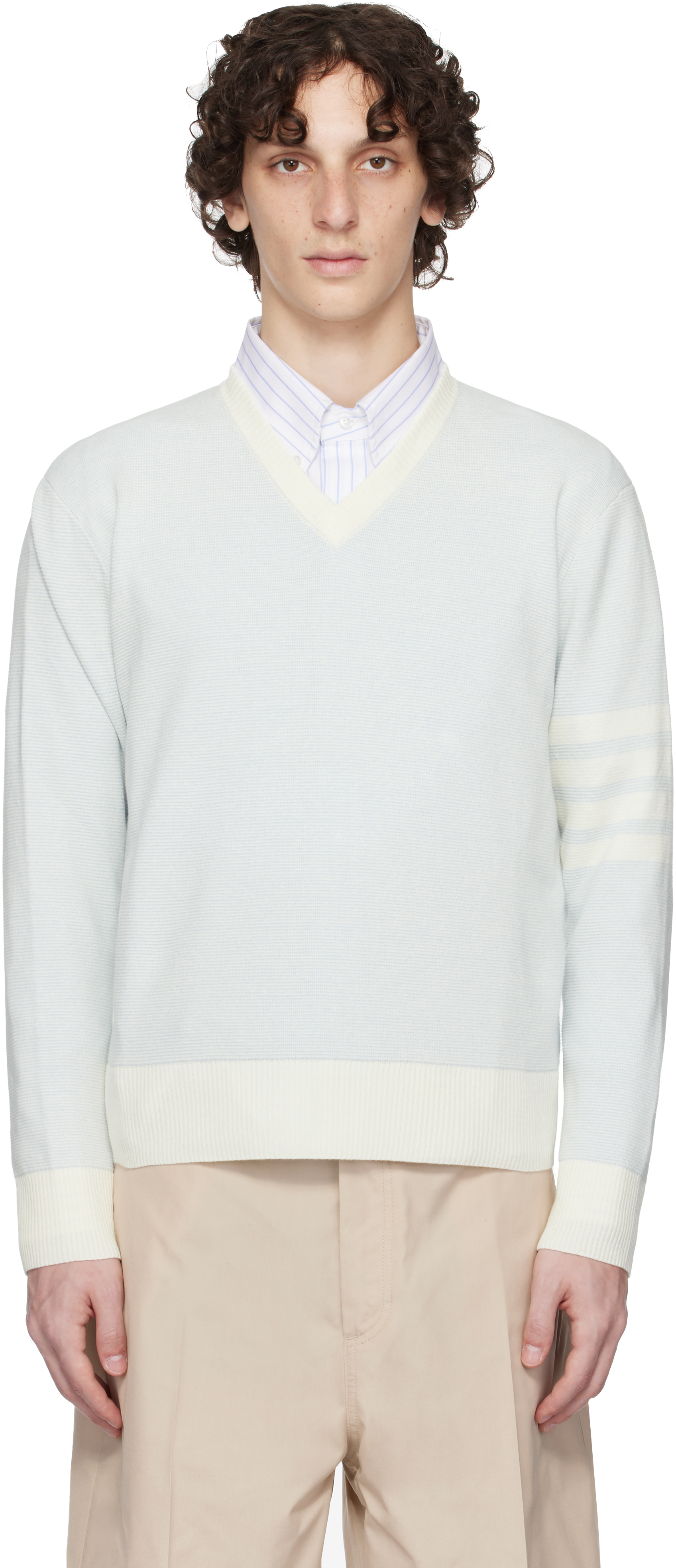Blue Textured Striped Stitch 4-Bar Relaxed Sweater