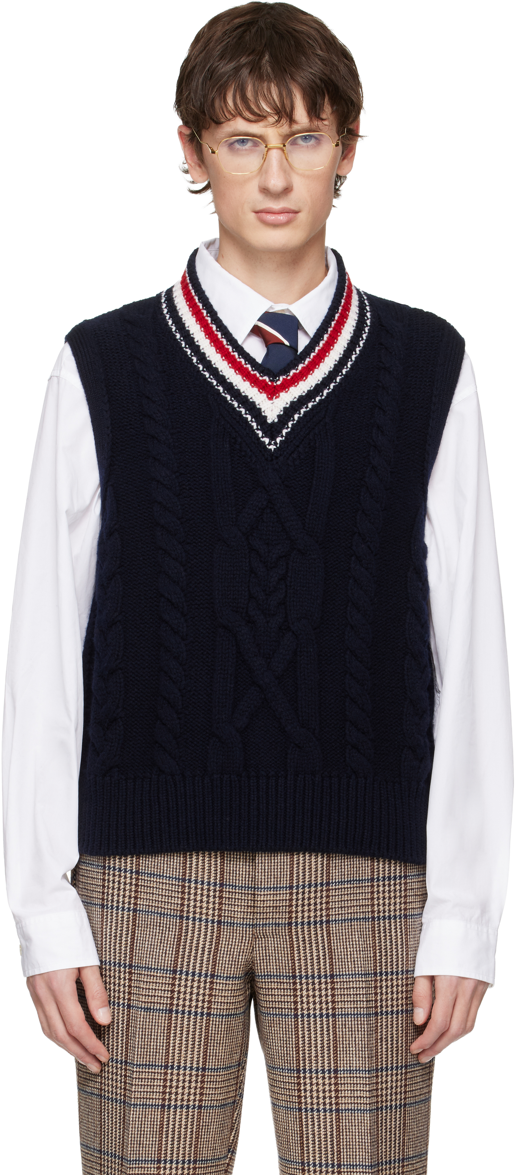 Thom Browne Navy Aran Cable Stitch Merino Wool Vest In Black