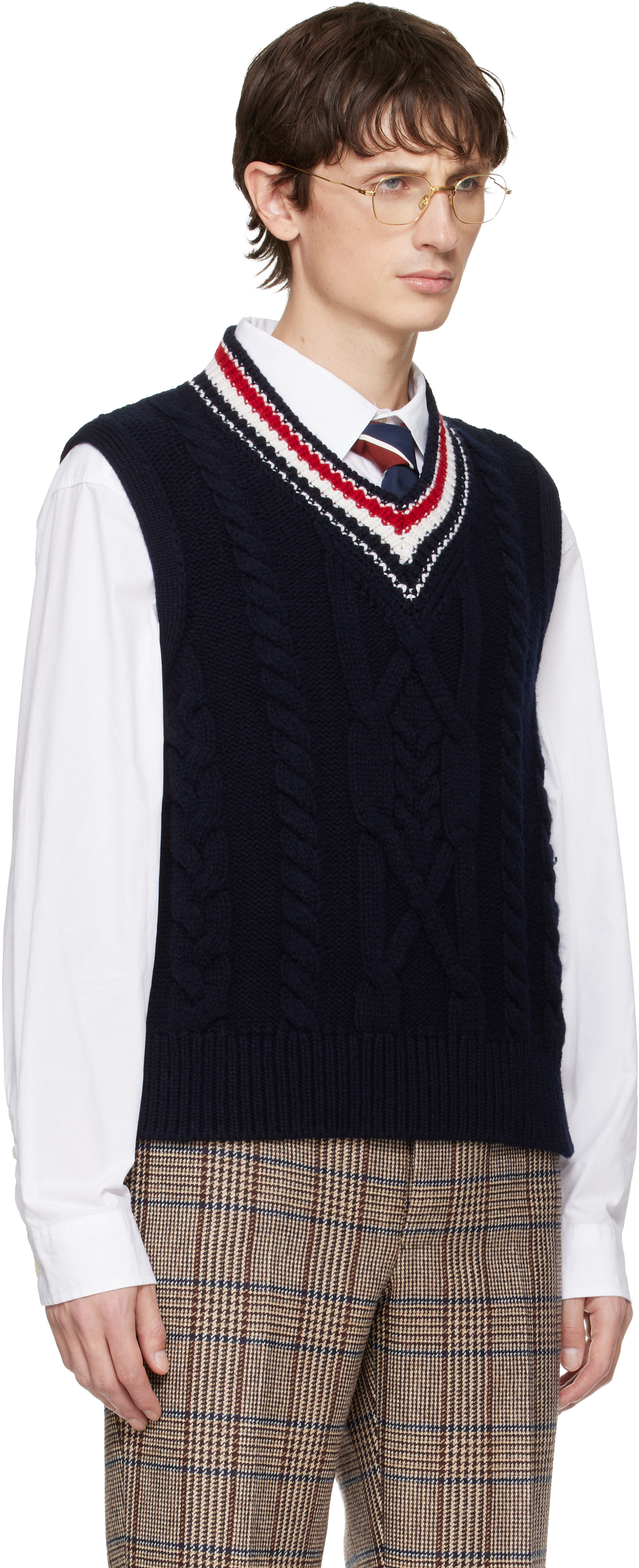 Thom Browne Navy Aran Cable Stitch Merino Wool Vest In Black