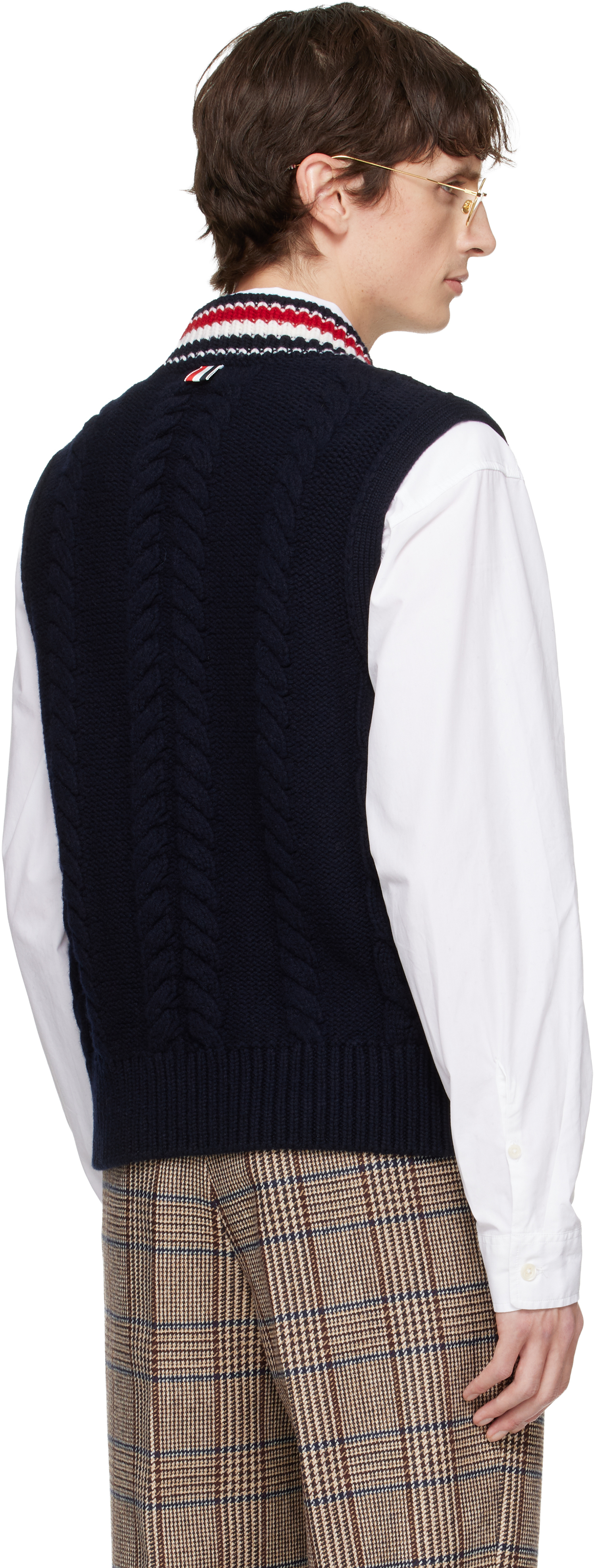 Thom Browne Navy Aran Cable Stitch Merino Wool Vest In Black