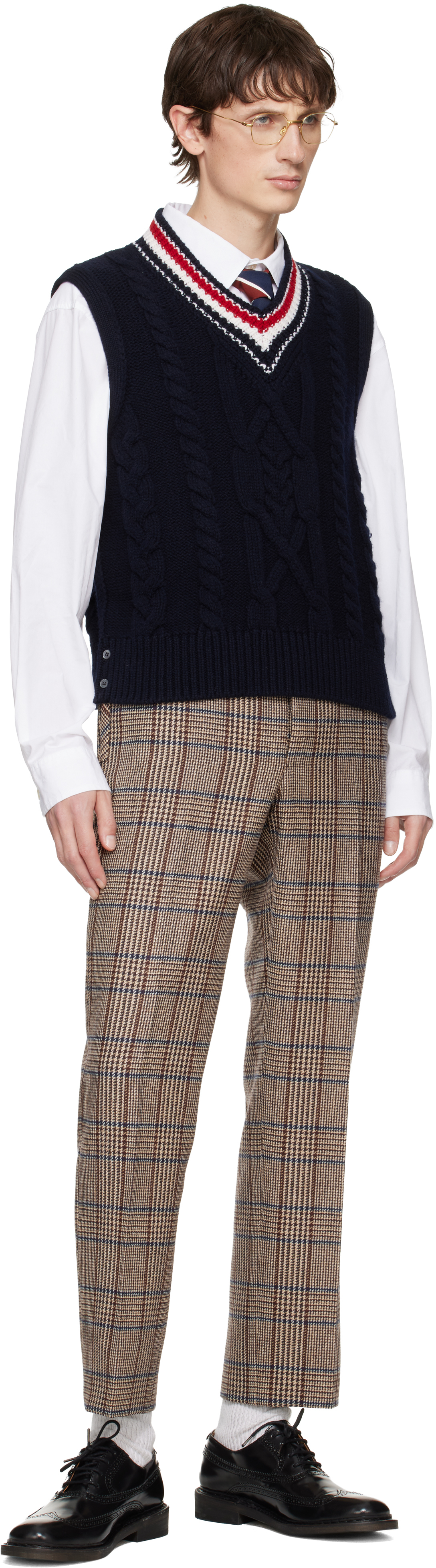 Thom Browne Navy Aran Cable Stitch Merino Wool Vest In Black