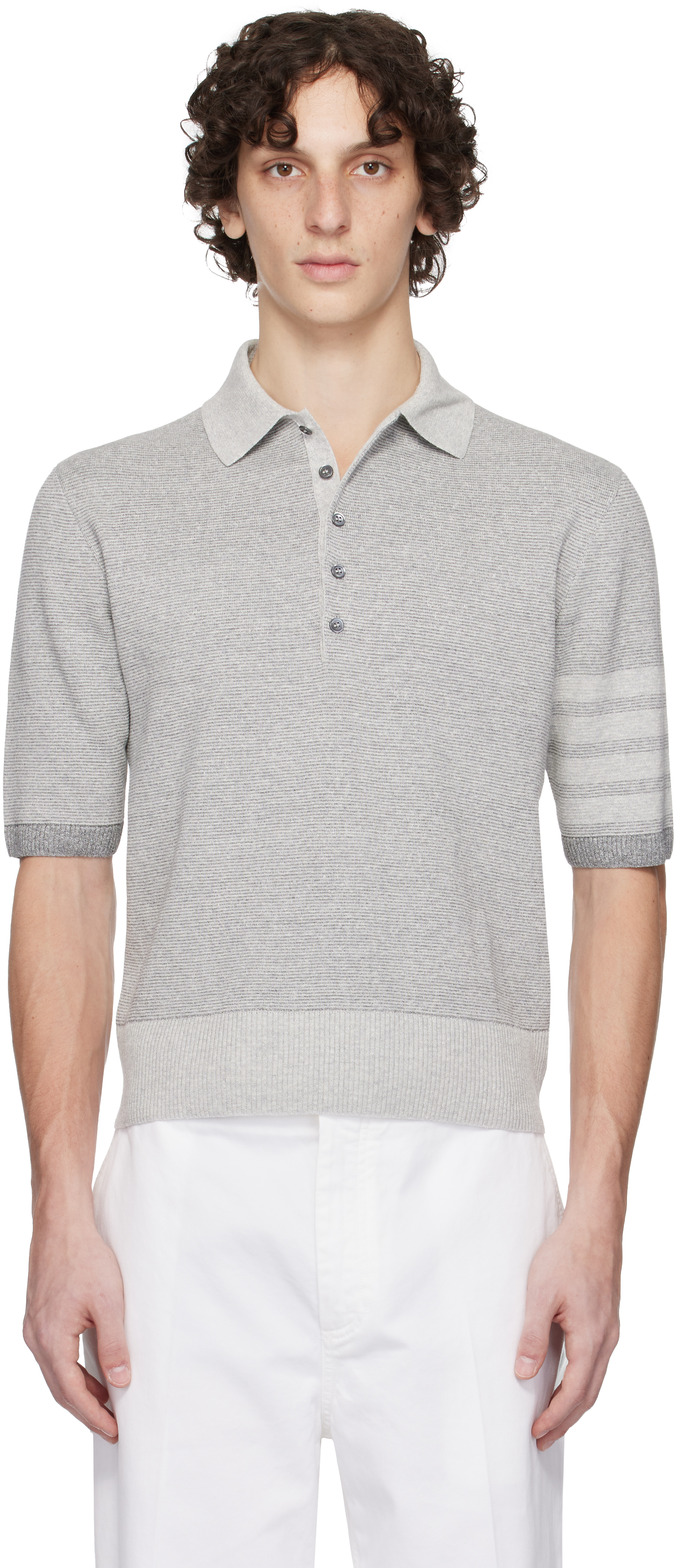 Blue & Off-White Textured Striped Stitch 4-Bar Relaxed Polo