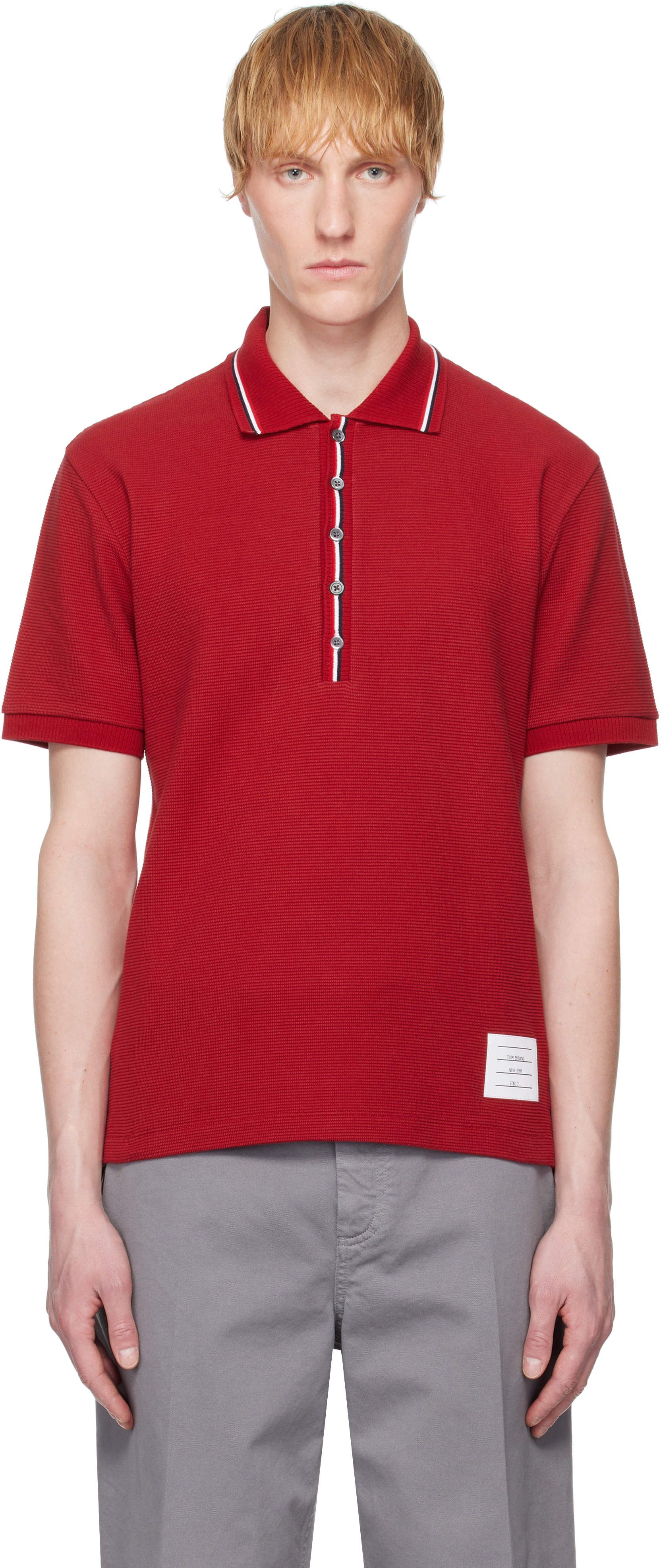 Thom Browne Red Rwb Waffle-knit Polo