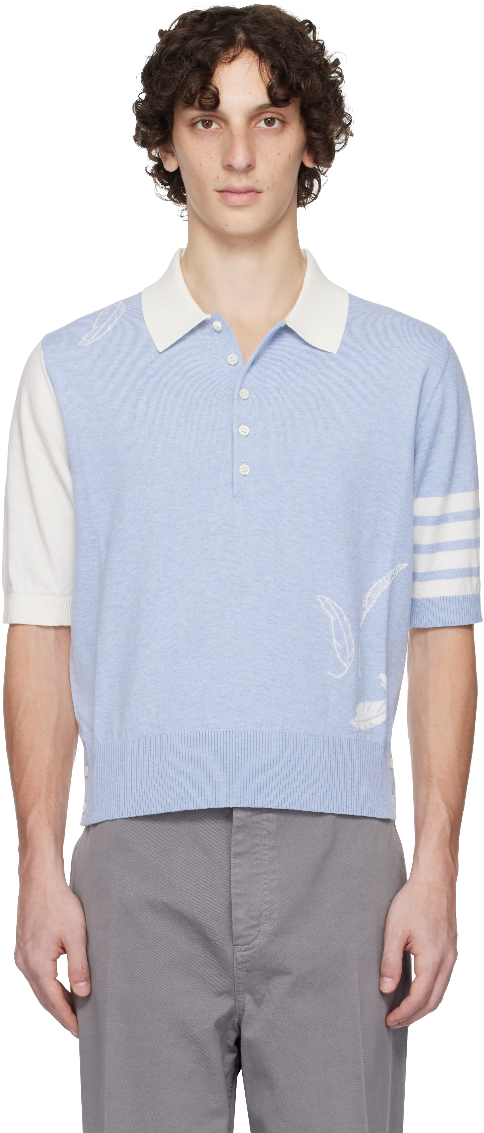 Blue & Off-White Funmix Feather Intarsia 4-Bar Polo