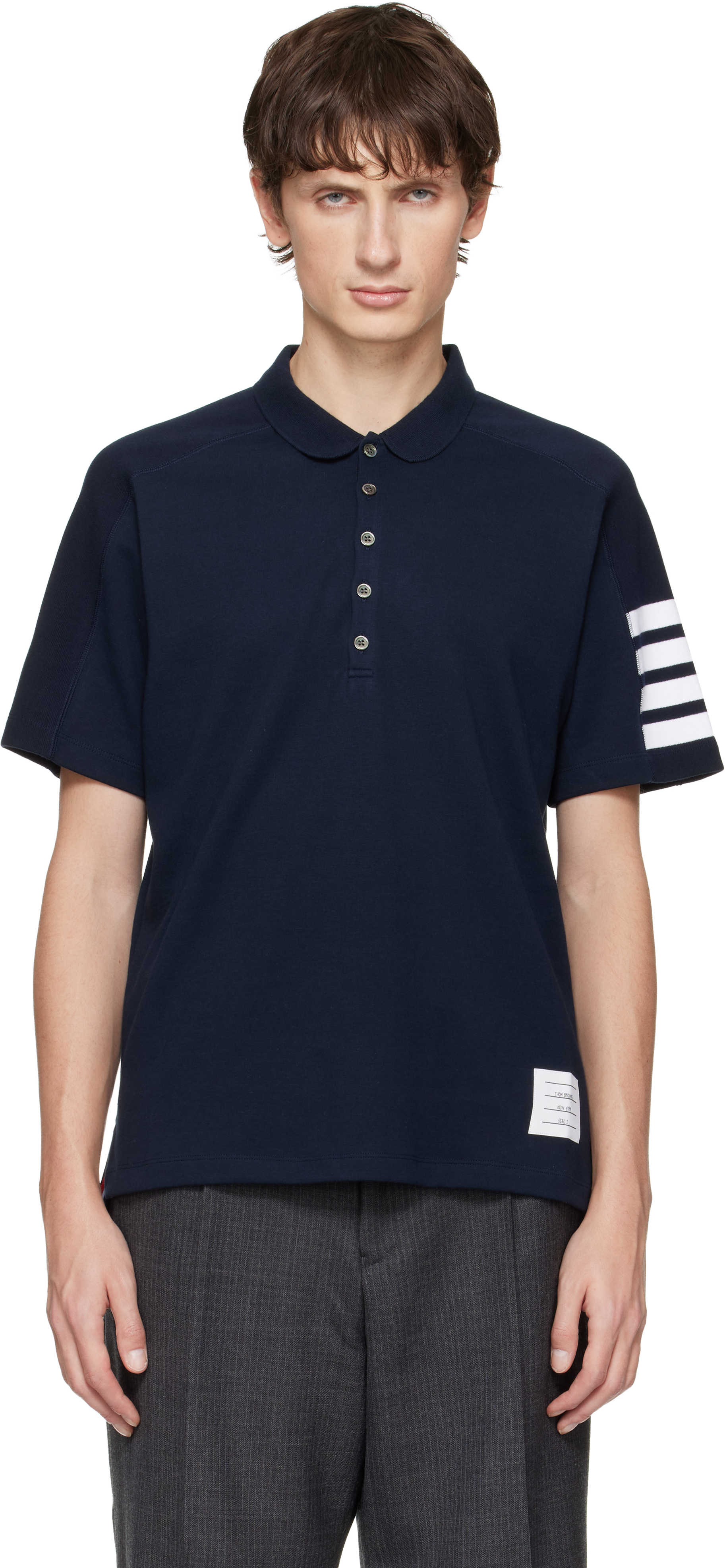 Thom Browne: ネイビー Milano Cotton 4-Bar ポロシャツ | SSENSE 日本