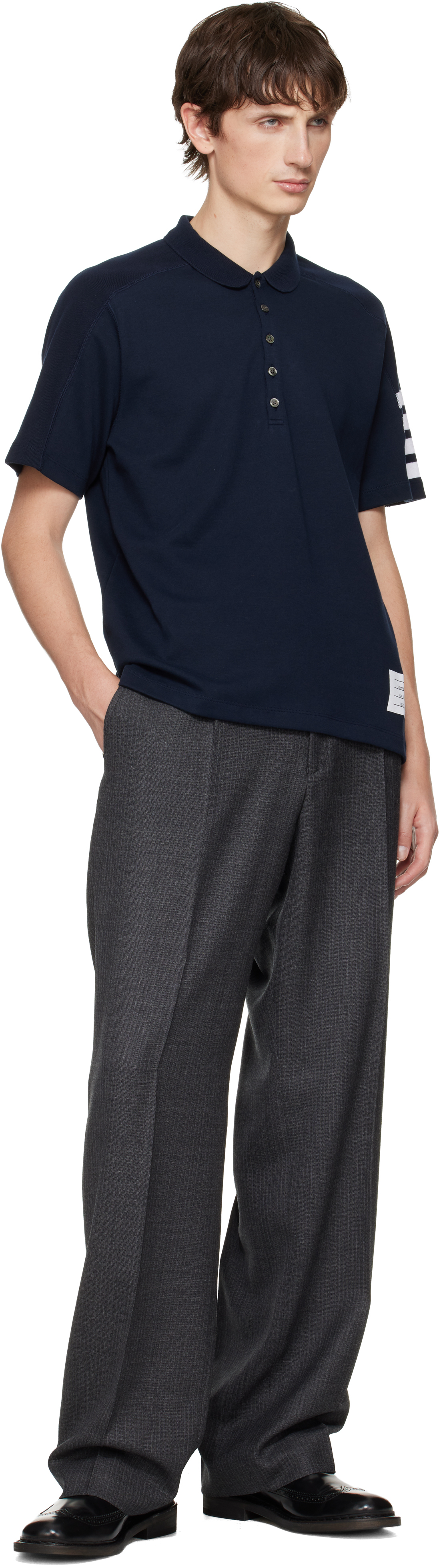 Thom Browne Navy Milano Cotton 4-bar Polo In Blue