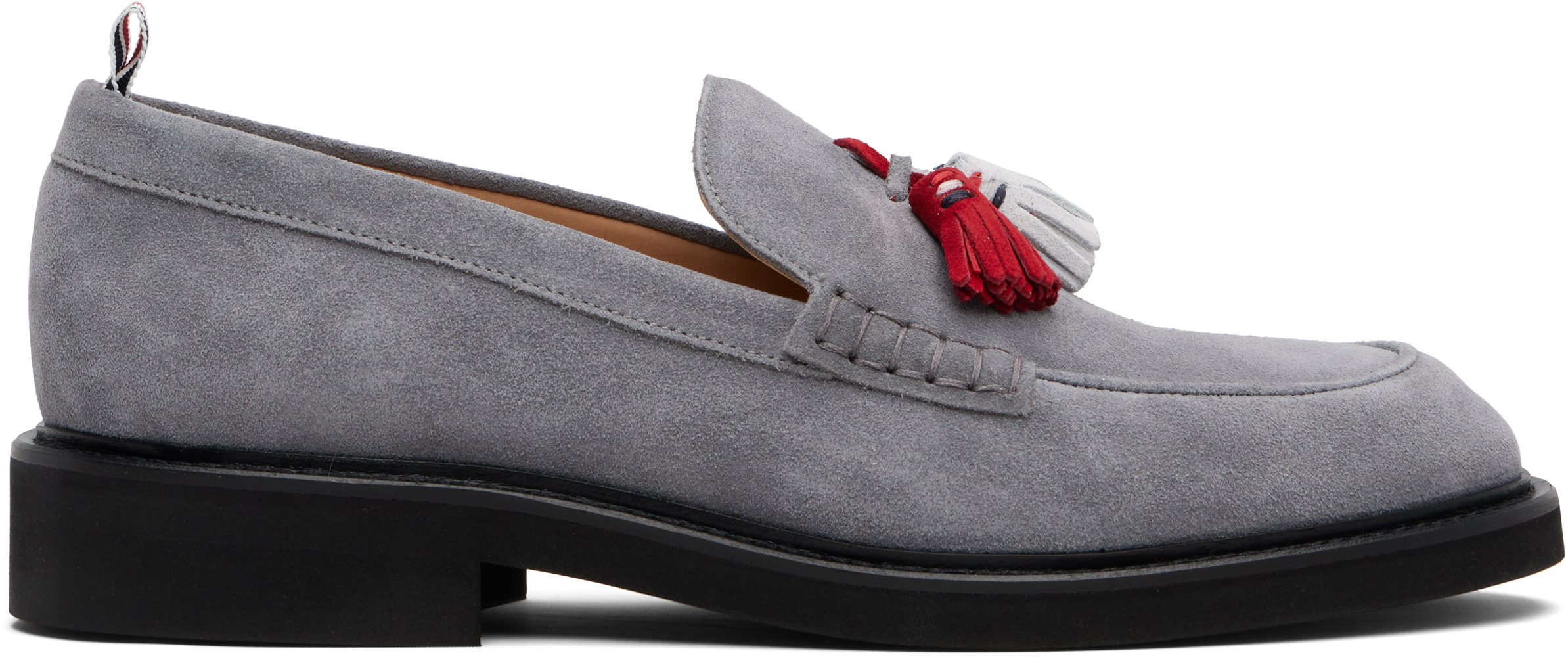 Thom Browne: Gray RWB Tassel Loafers | SSENSE Thom Browne: Gray RWB Tassel Loafers | SSENSE