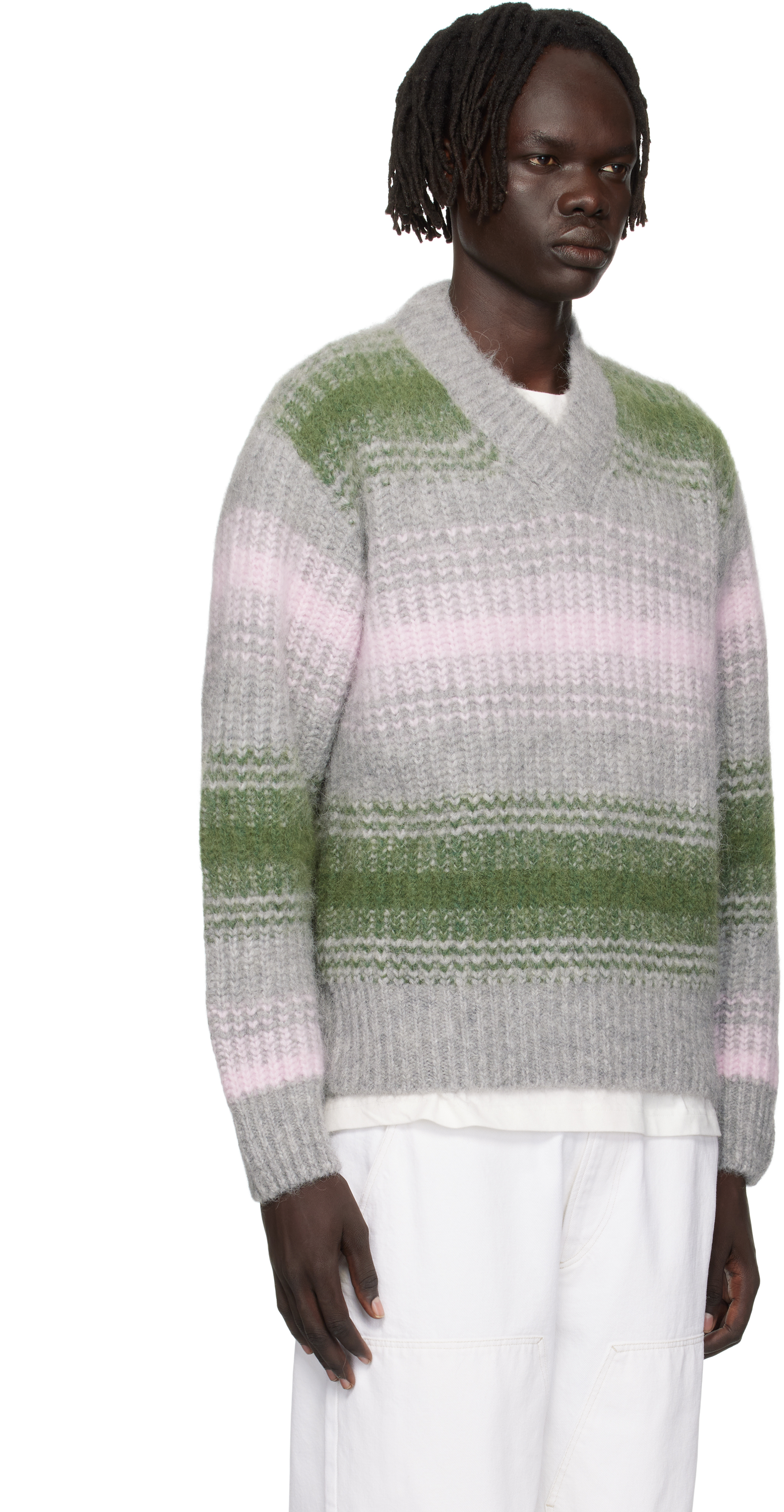 Kenzo Striped V-neck Sweater Long Sleeves In Multi
