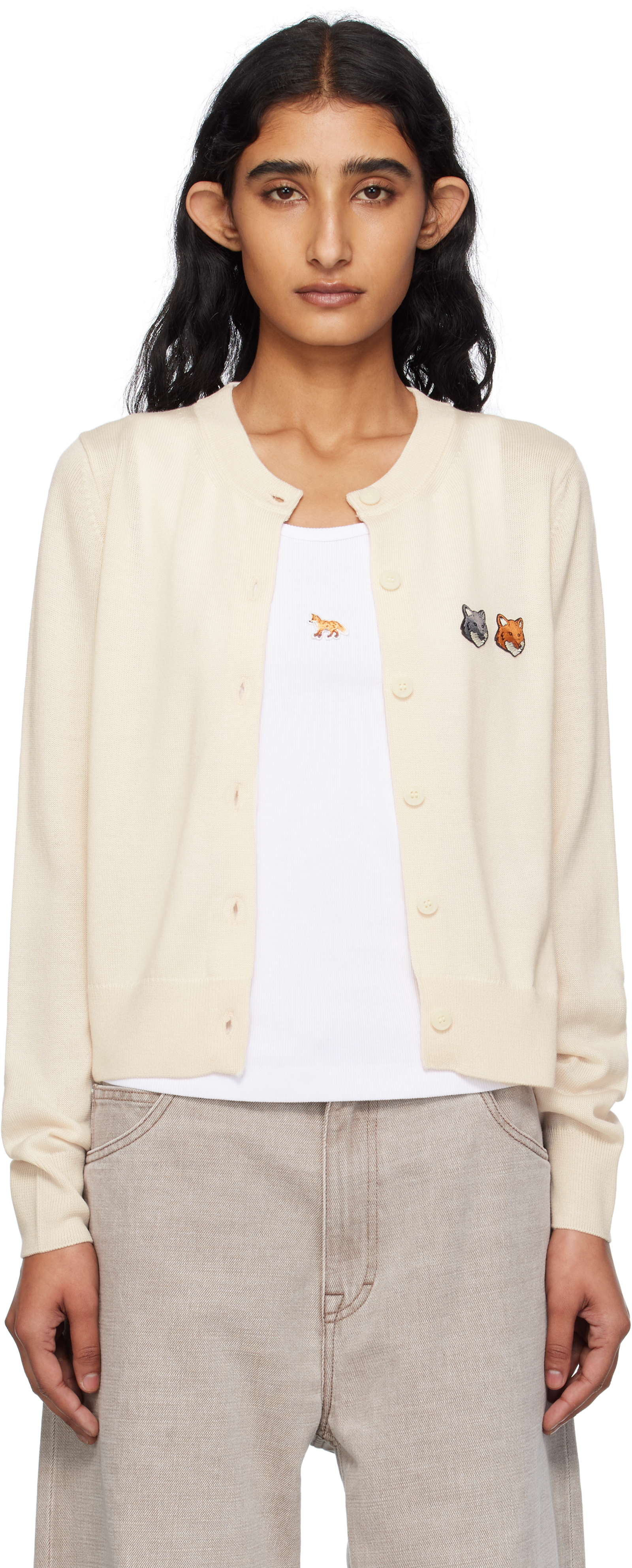 Maison Kitsuné Beige Double Bold Fox Head Patch Regular Cardigan In Neutral