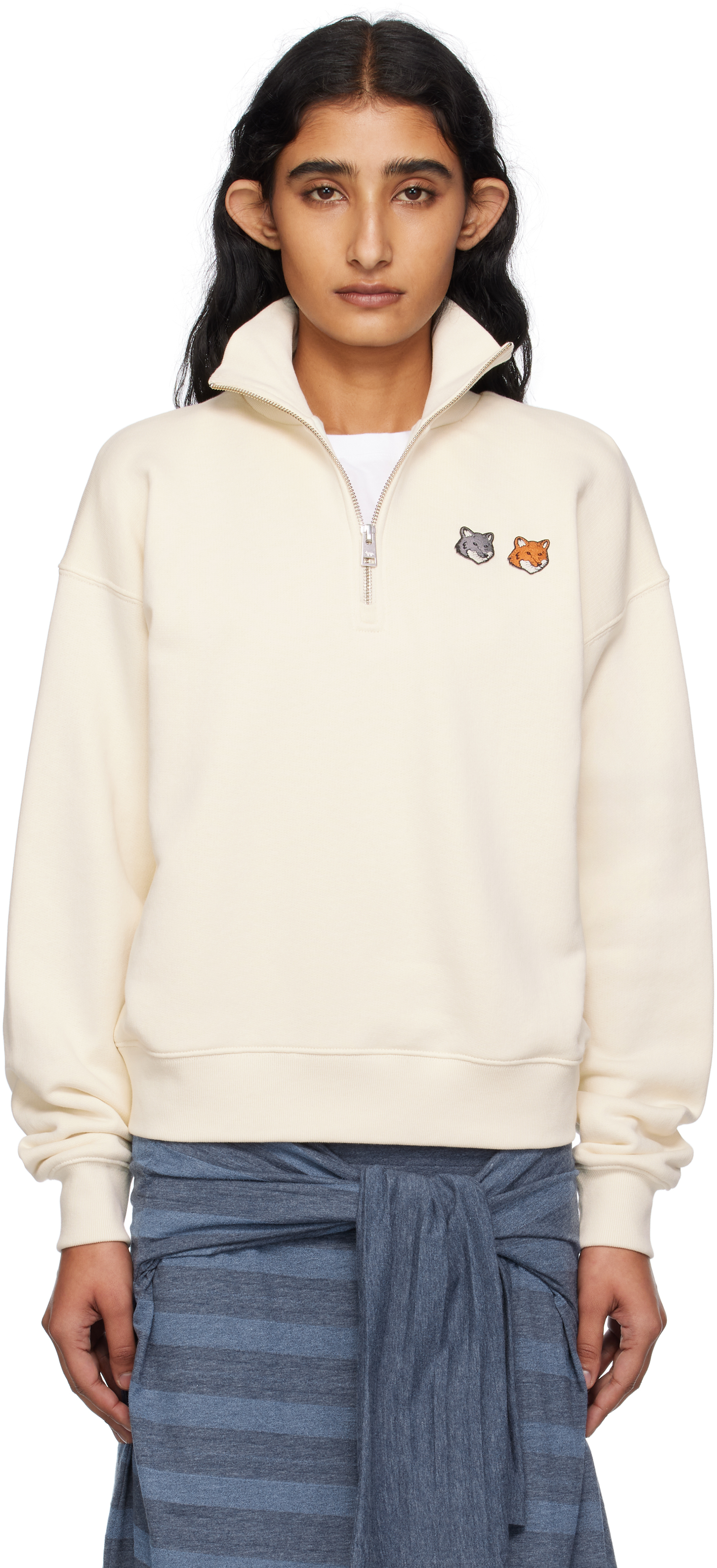 Maison Kitsuné Beige Double Bold Fox Head Half Zip Comfort Sweatshirt