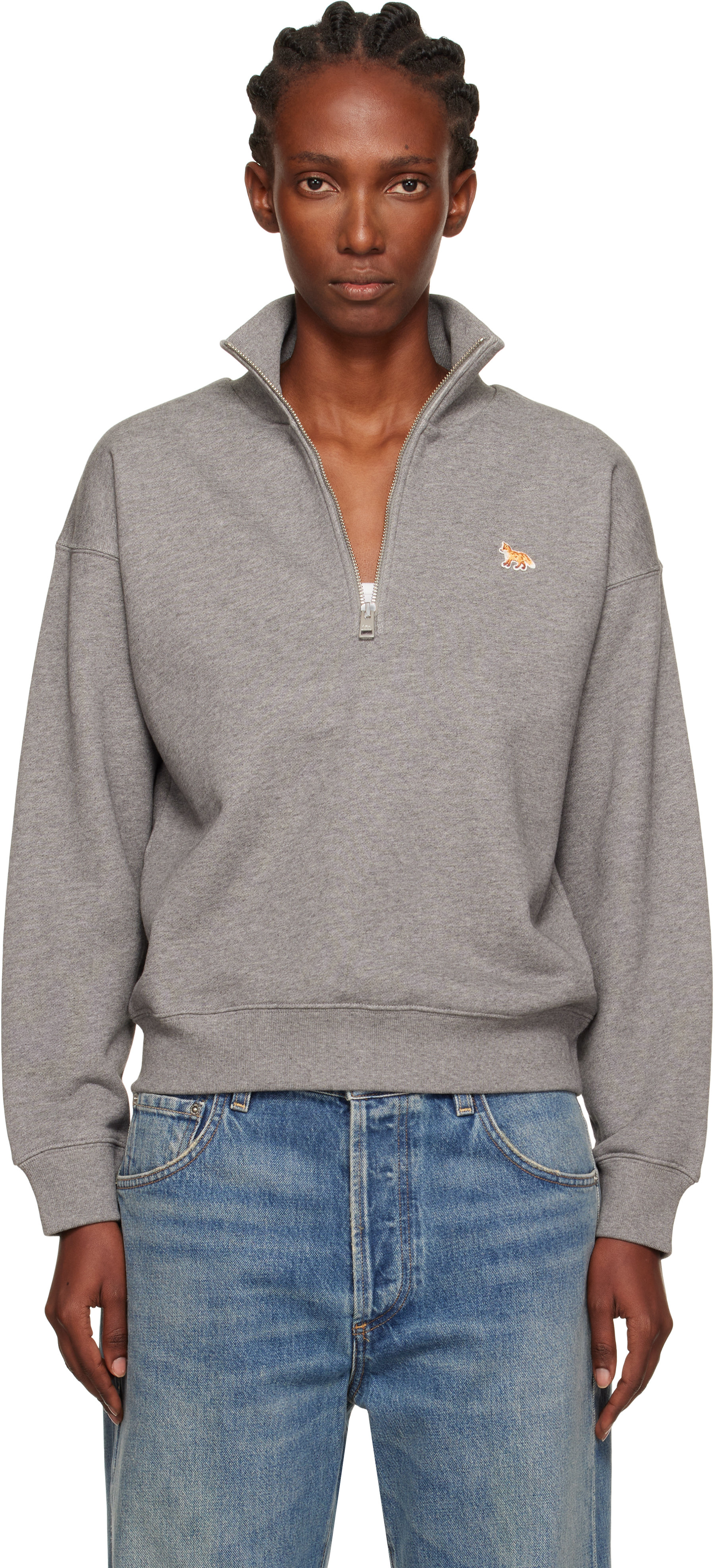 Maison Kitsuné Gray Half Zip Baby Fox Patch Sweatshirt In Gray