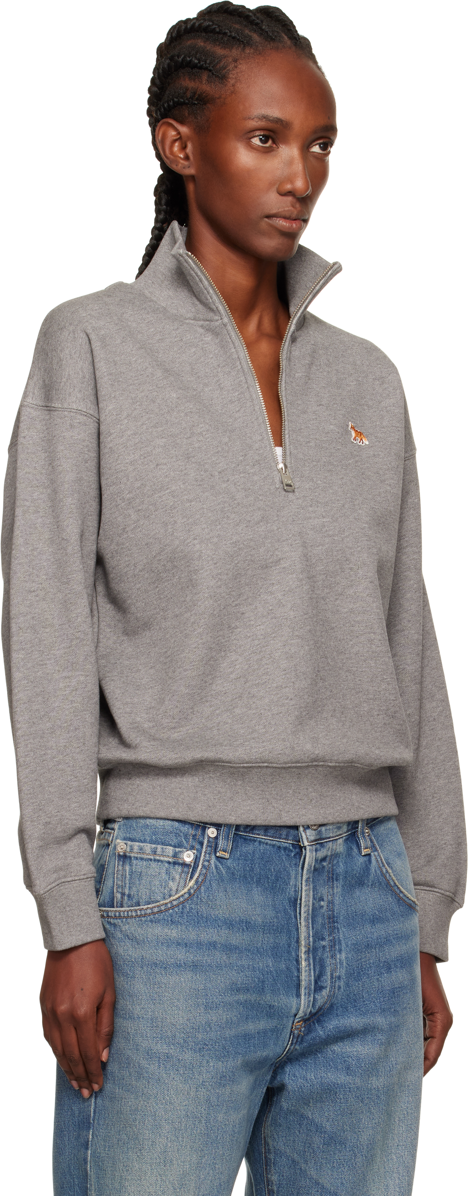 Maison Kitsuné Gray Half Zip Baby Fox Patch Sweatshirt In Gray
