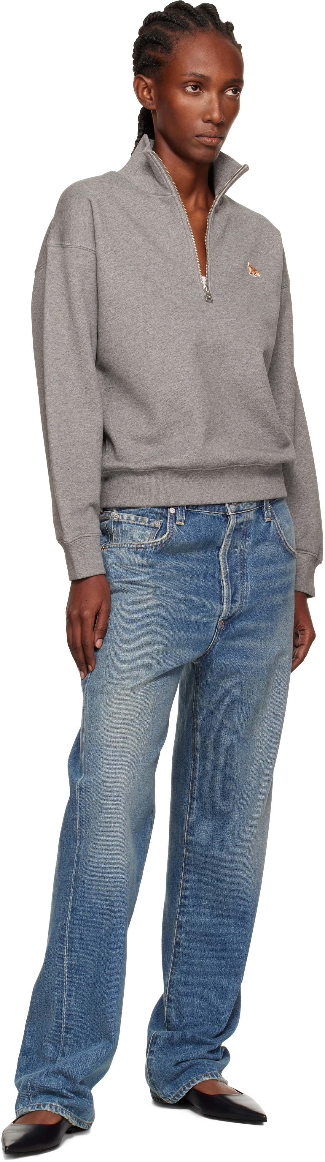 Maison Kitsuné Gray Half Zip Baby Fox Patch Sweatshirt In Gray