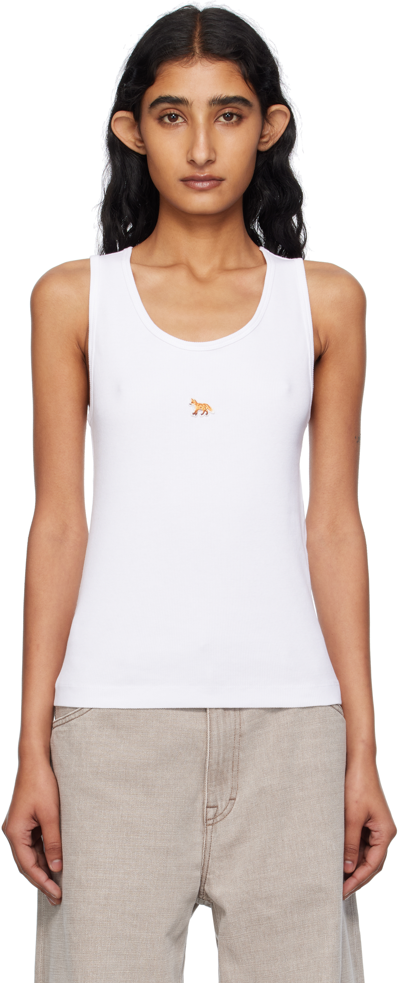 Maison Kitsuné White 'Baby Fox' Ribbed Tank Top