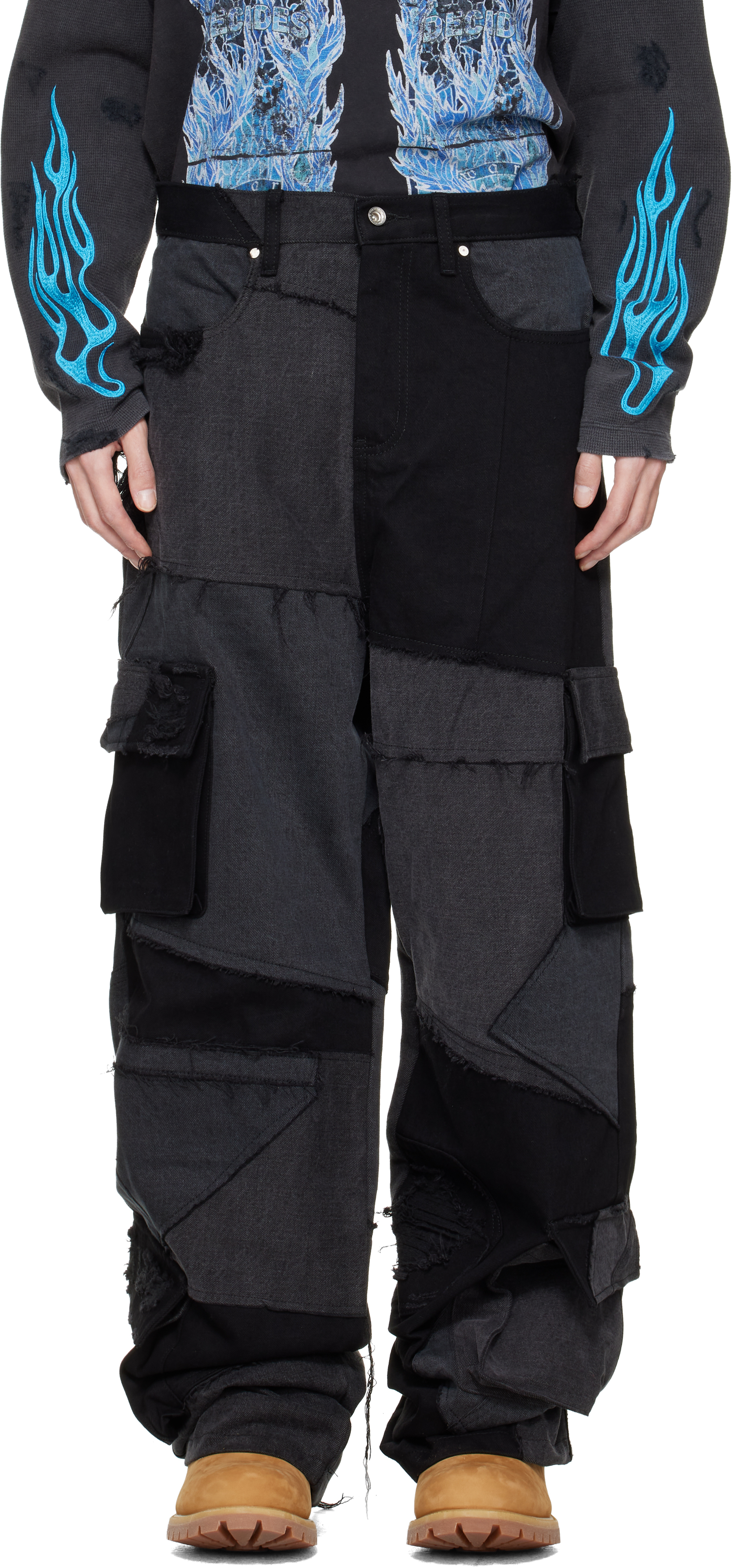 Black Destroyed Denim Cargo Pants