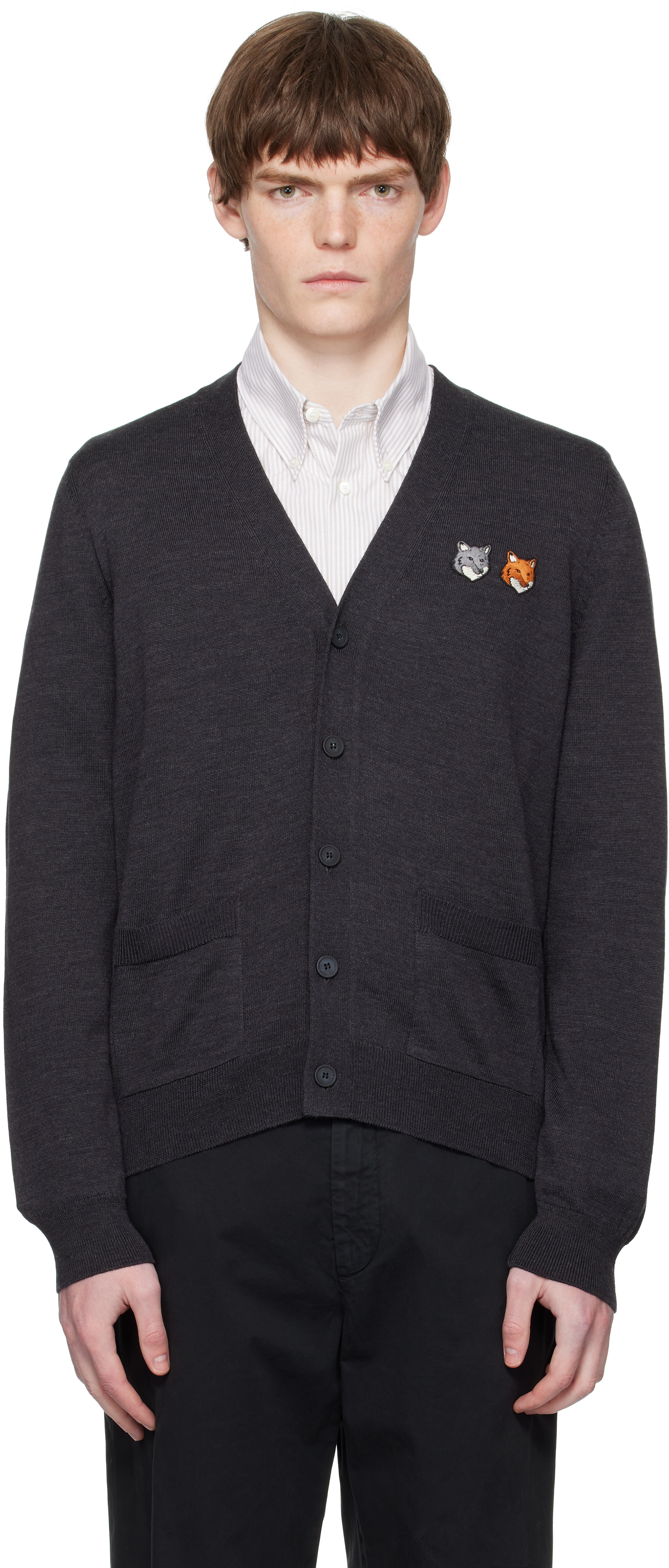 Maison Kitsuné Gray Double Bold Fox Head Patch Regular Cardigan