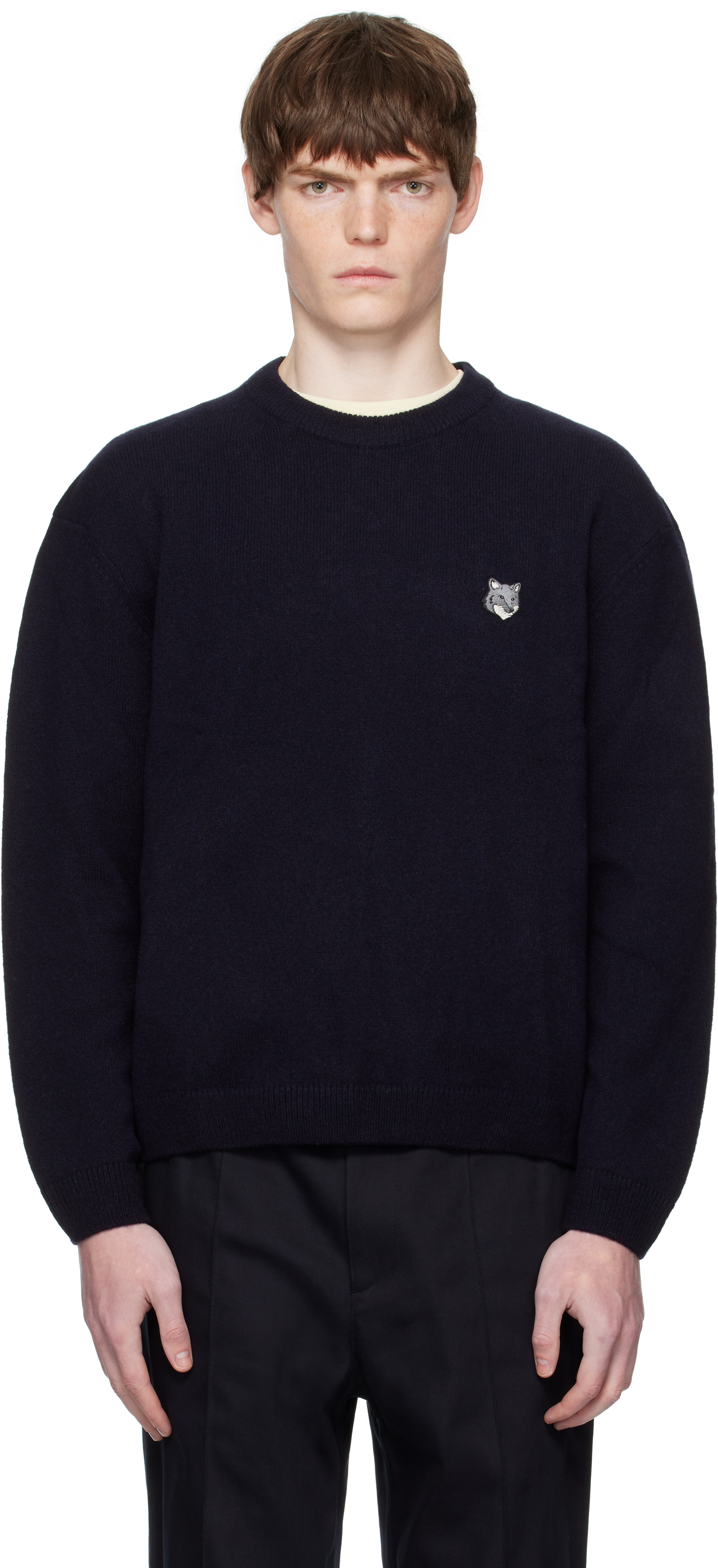 Navy Fox Head Lambswool Comfort Sweater by Maison Kitsuné on Sale