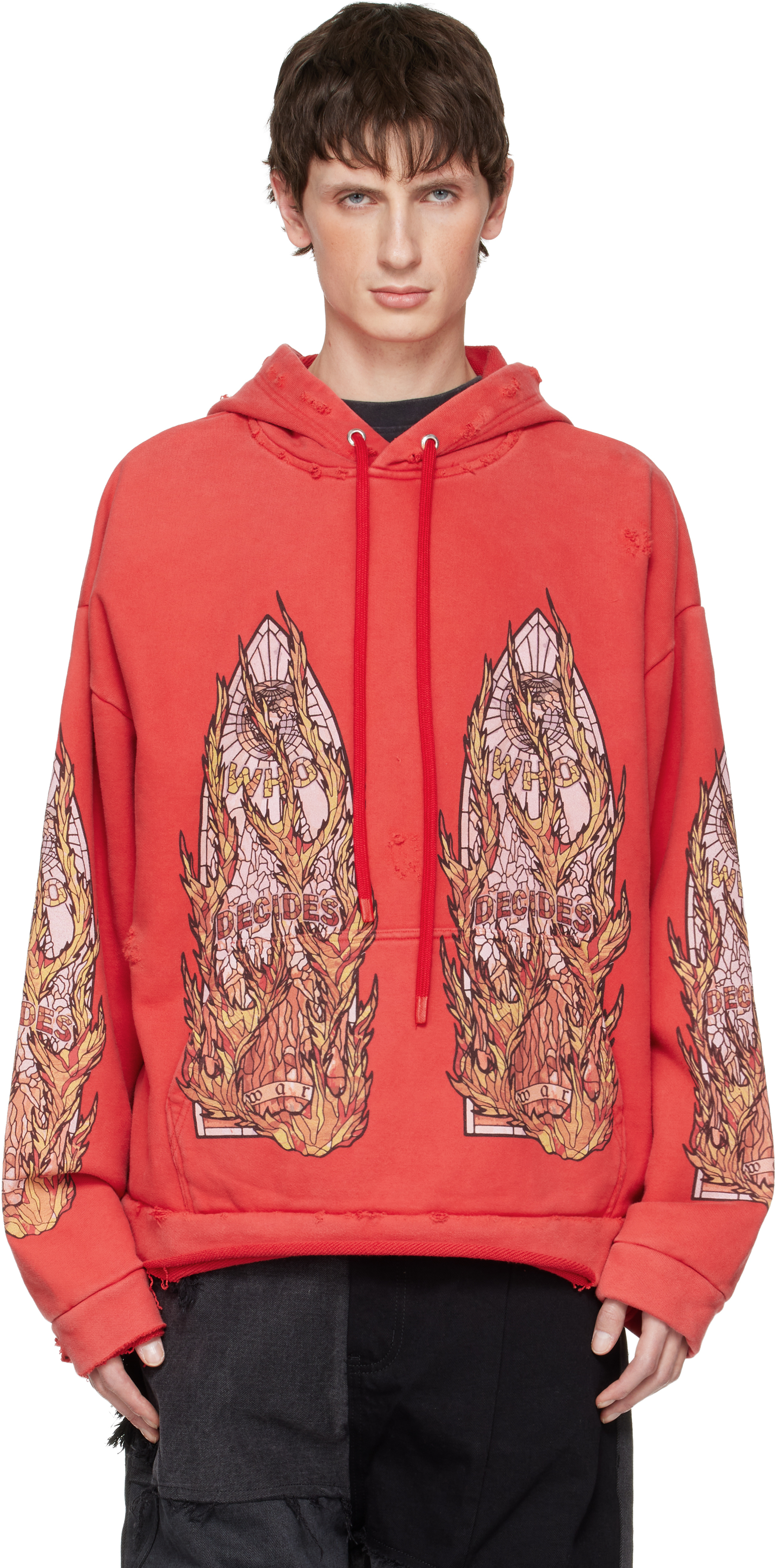 Red Flame Glass Hoodie by Who Decides War on Sale