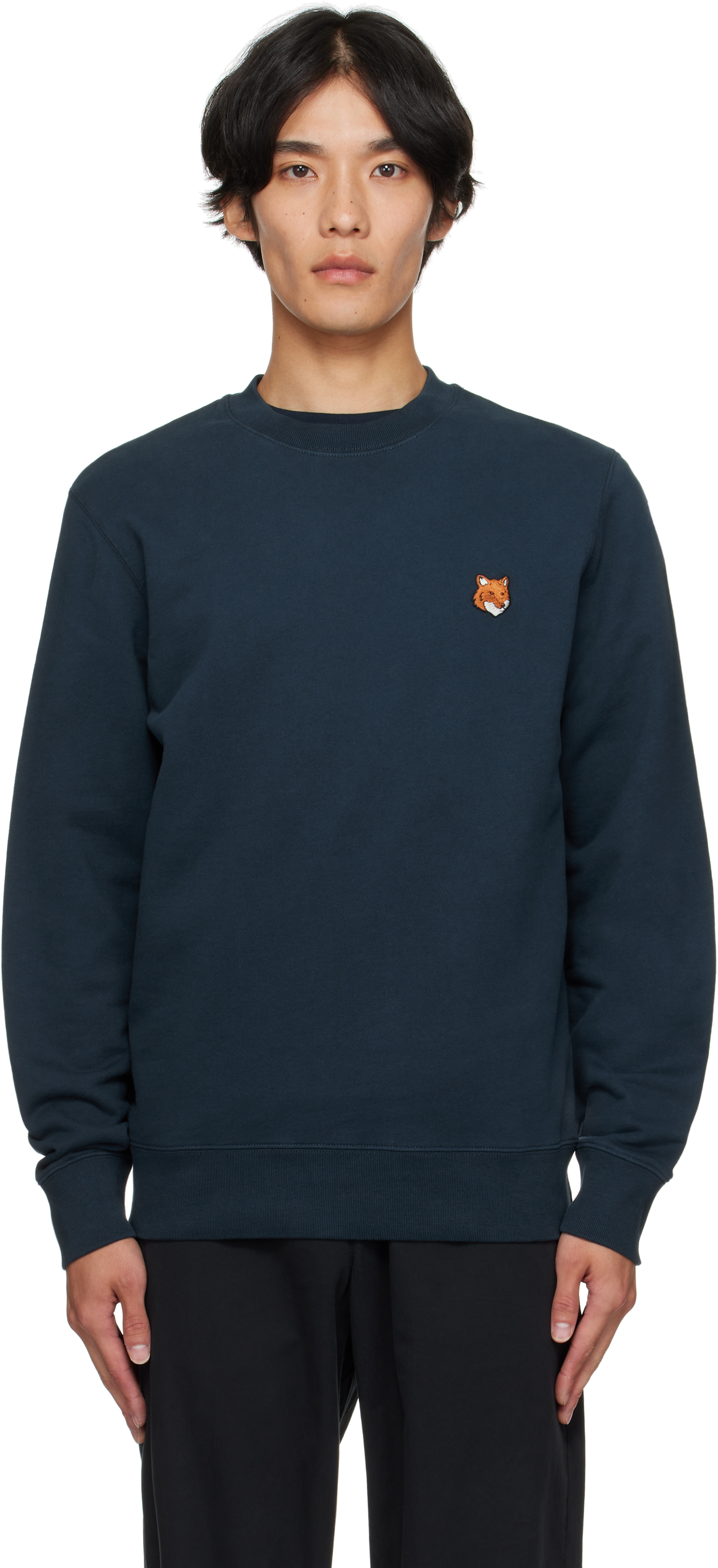 【MAISON KITSUNE】Fox Head Patch Sweatshirt トレーナー_NAVY Maison Kitsuné: Navy Fox Head Patch Regular Sweatshirt | SSENSE