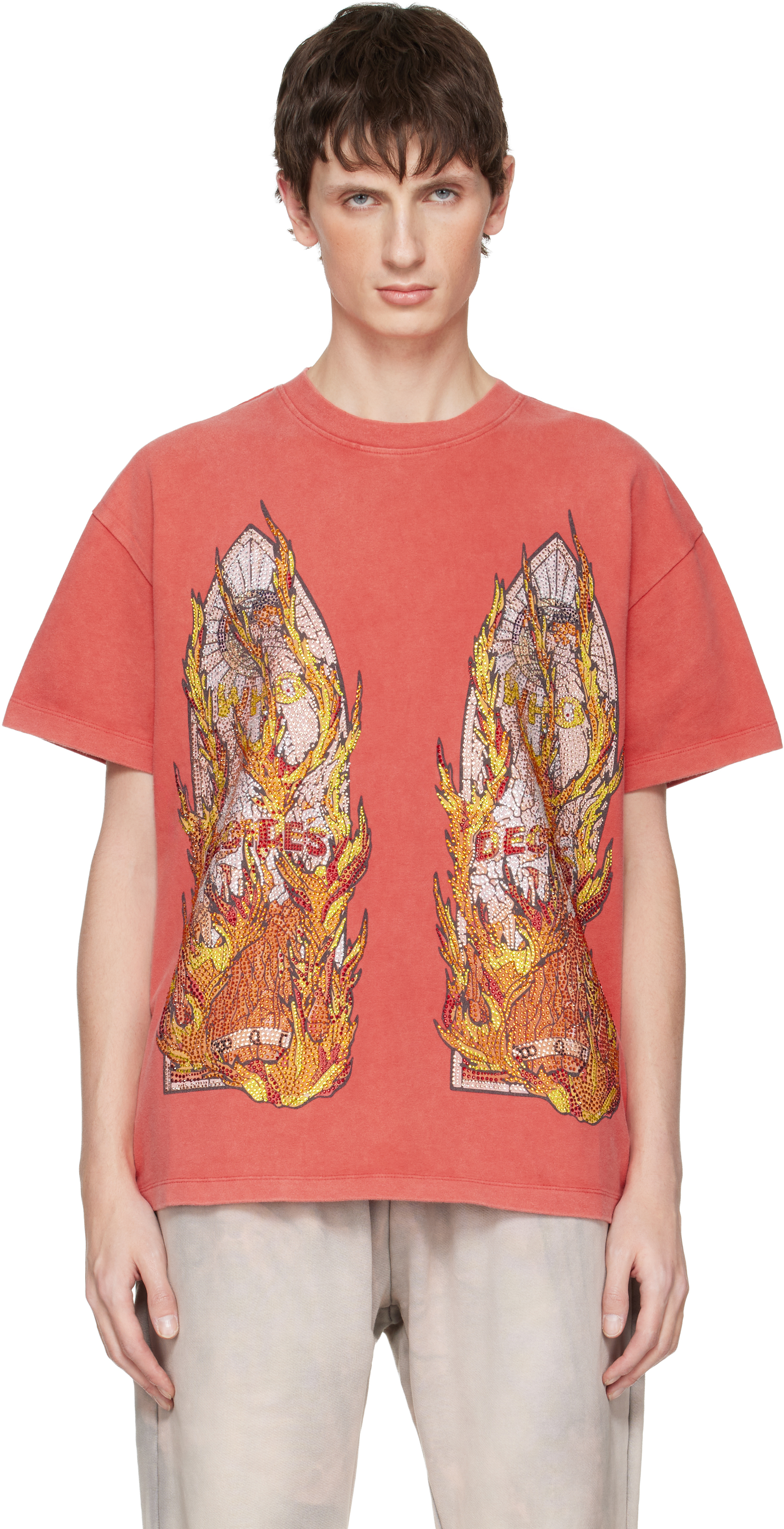 Red Rhinestone Flame Glass T-shirt by Who Decides War on Sale