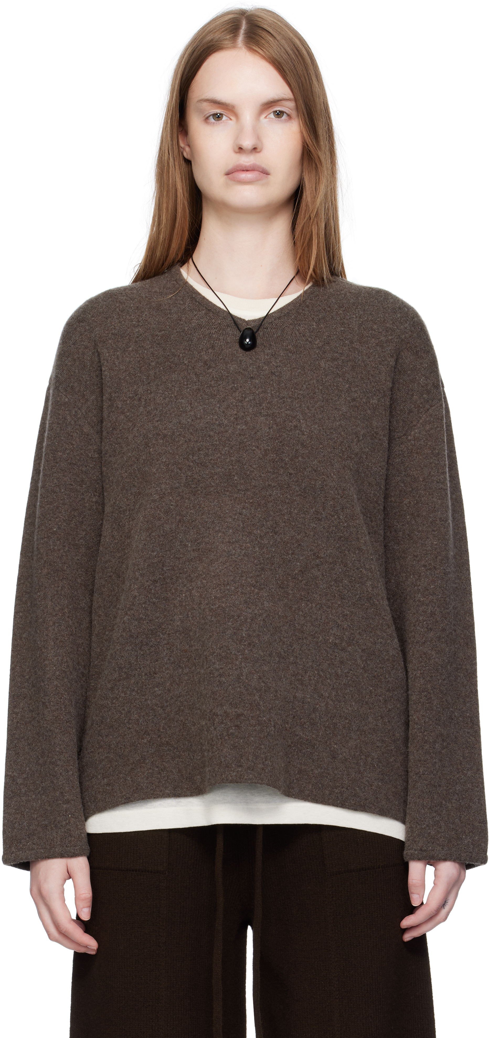 UMARMUNG: Taupe Wool Cashmere Double Faced V-Neck Sweater