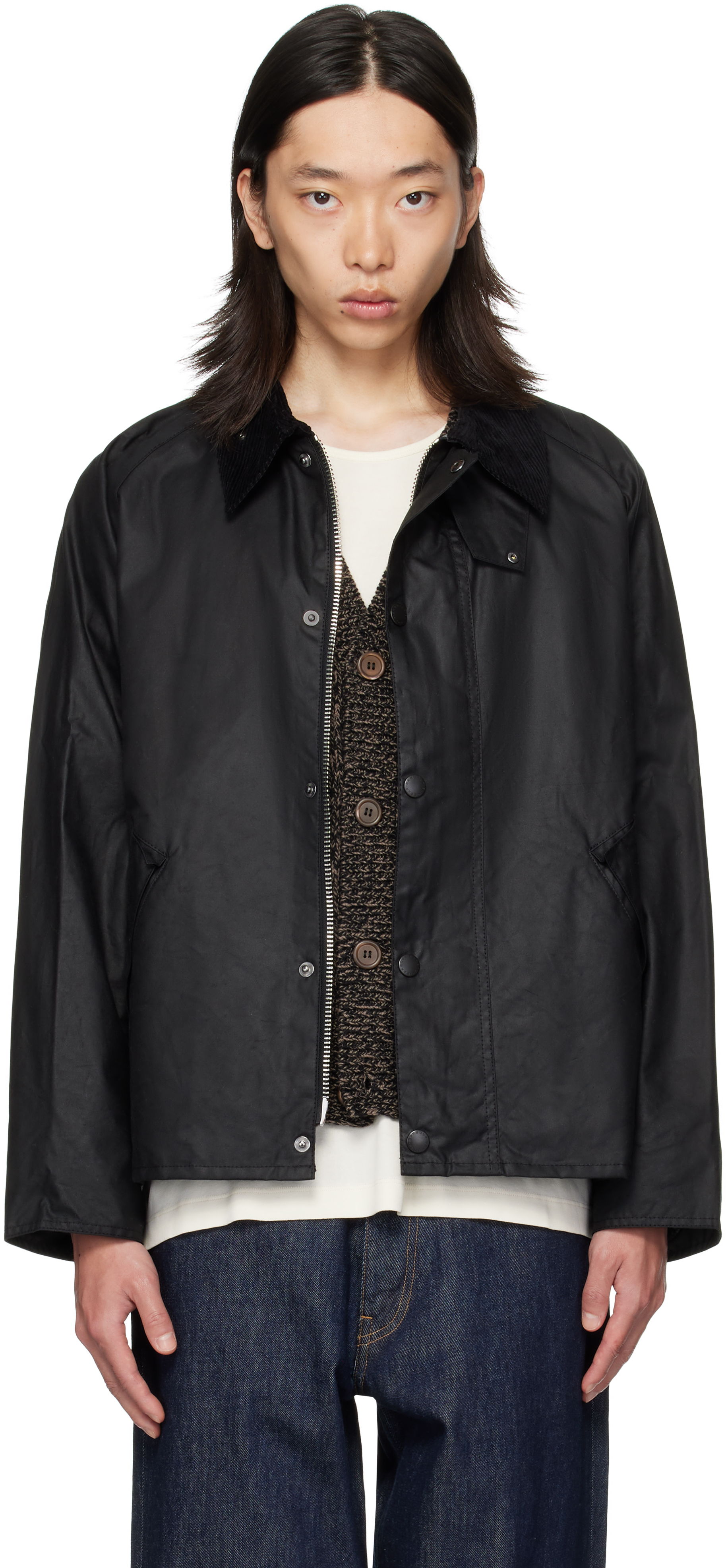Barbour: Black Transport Waxed Jacket | SSENSE