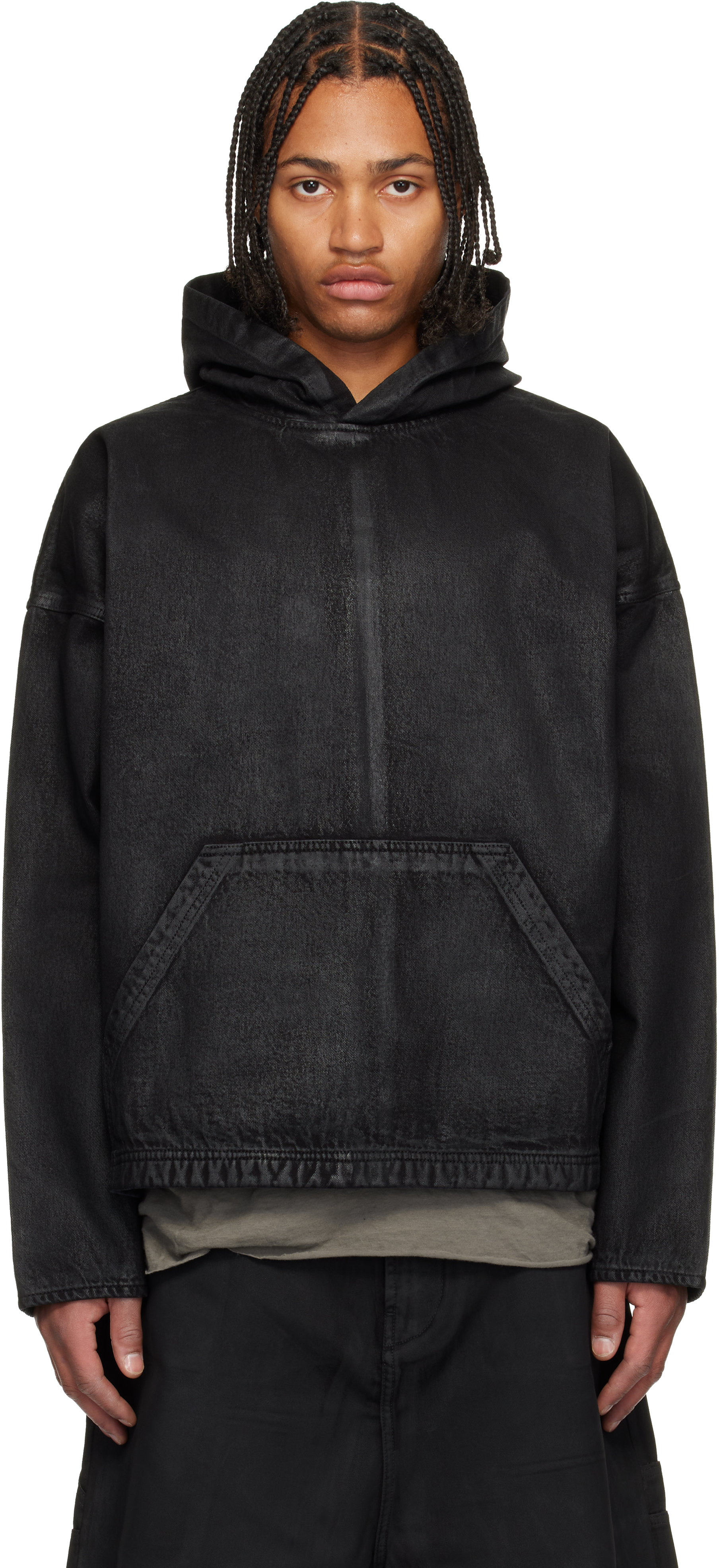 Det Blev Sent Black Waxed Denim Hoodie In Black