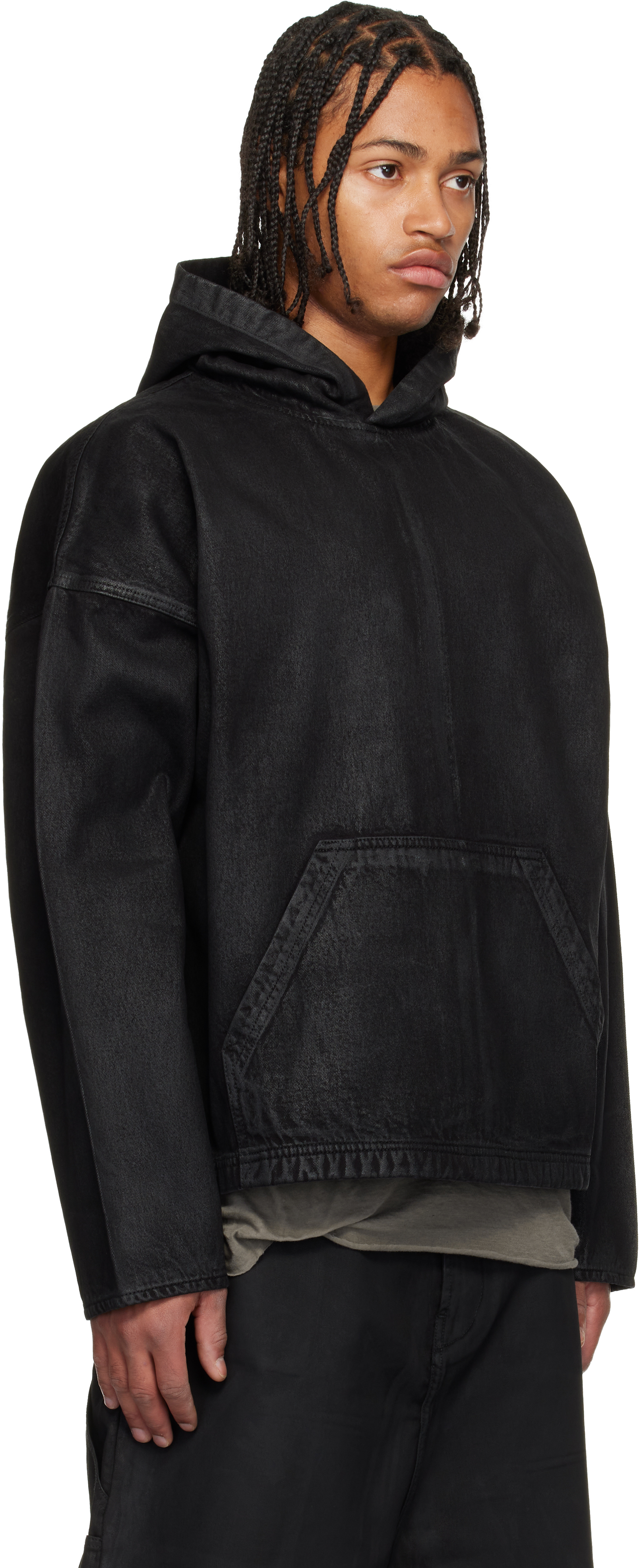Det Blev Sent Black Waxed Denim Hoodie In Black