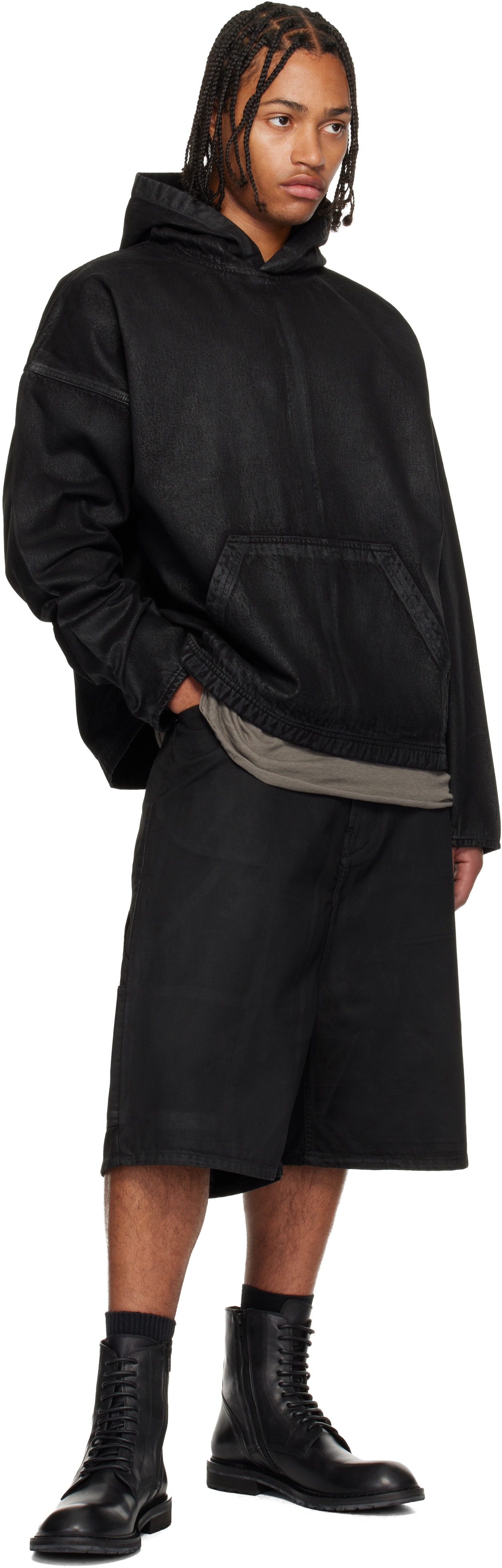 Det Blev Sent Black Waxed Denim Hoodie In Black