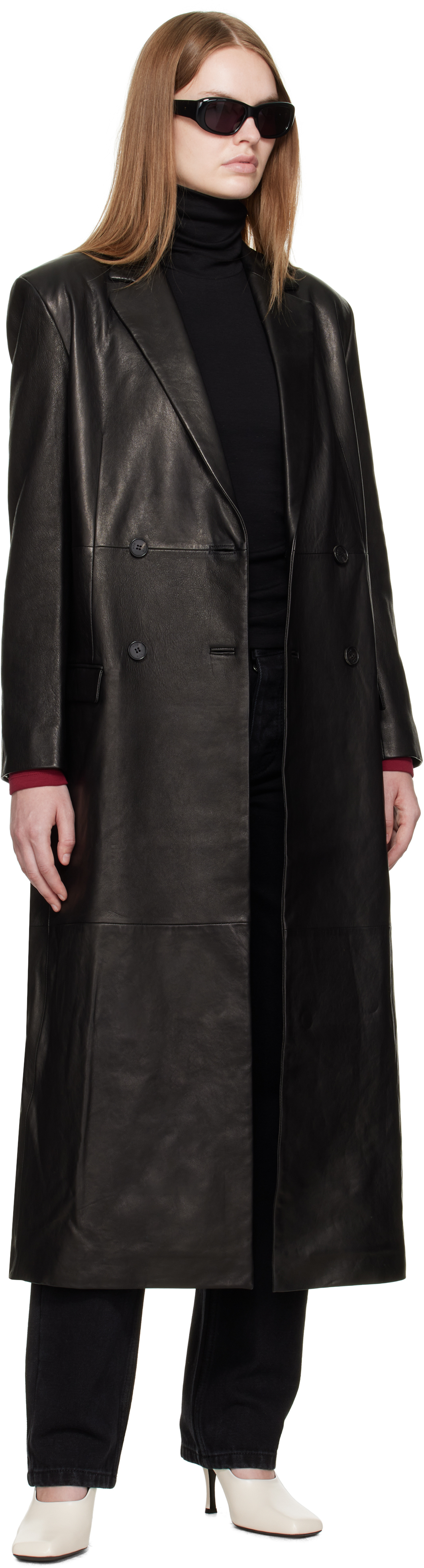R2w Black Bakel Maxi Leather Coat In Black