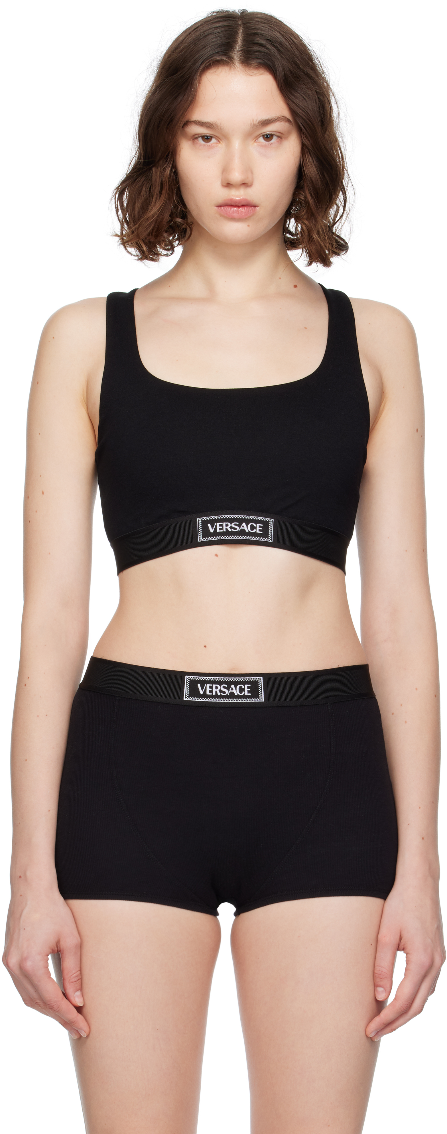 Versace: Black 'Versace' 90s Elastic Bra | SSENSE Versace: Black 'Versace' 90s Elastic Bra | SSENSE