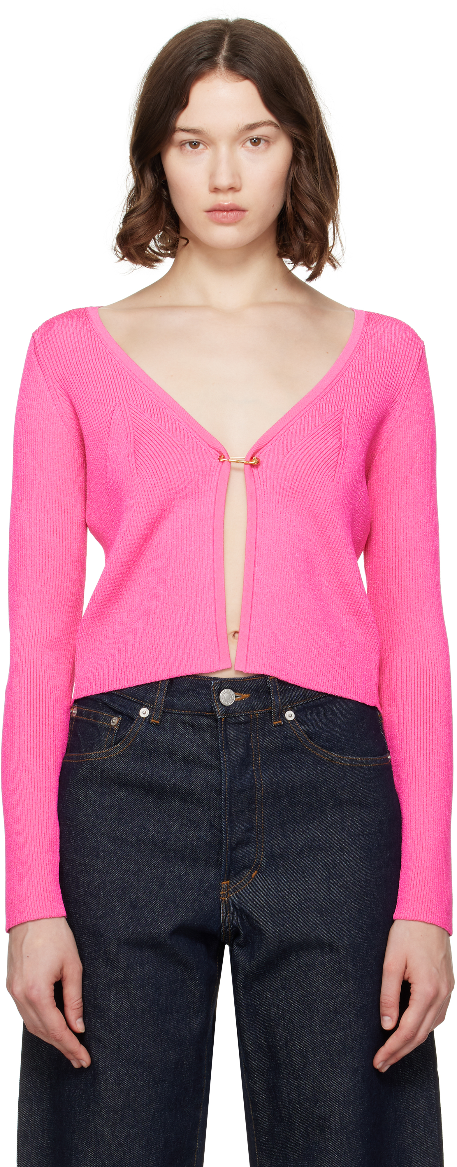 Versace: Pink Safety Pin Ribbed Knit Fitted Cardigan | SSENSE
